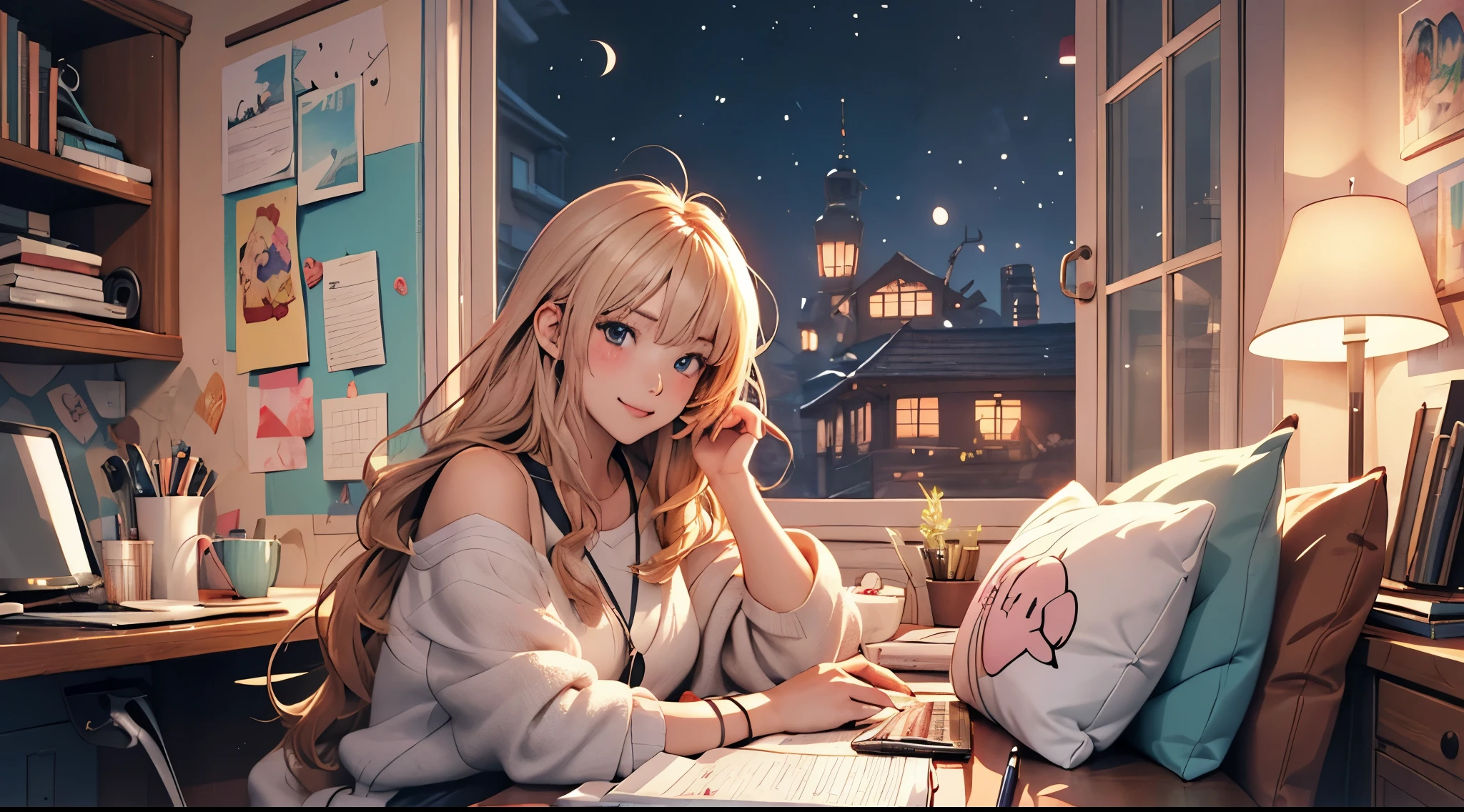 Anime girl sitting at a desk and looking at the night view from the window, cozy wallpaper, Anime Style 4k, Cozy environment, anime art wallpaper 4k, anime art wallpaper 4k, Cozy place, Anime Art Wallpapers 8K, LOFI Girl, Nightcore, Cozy rooms, winter concept art, Digital anime illustration, Anime atmosphere, 4k anime wallpaper