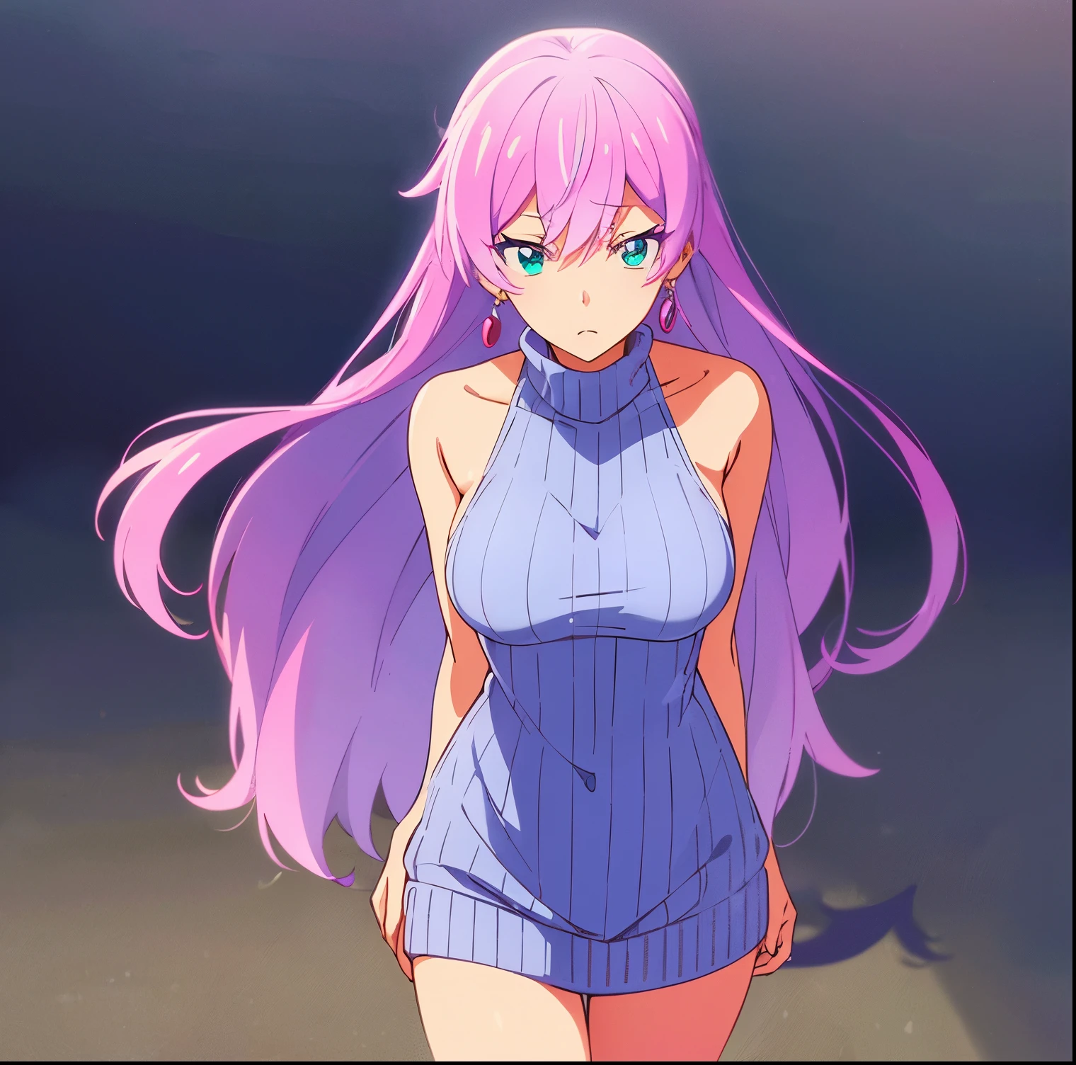 1 girl, alone, Akari Watanabe, long hair, blue eyes, pink hair, thin, earrings, white ribbed sweater, one-piece sweater, cleavage, bare legs, black tops, bare arms, full length, large breasts, medium waist, wide hips, wide thighs, round butt, walking on the street, evening, good lighting (masterpiece: 1.2), best quality, high resolution, 8K wallpaper unit (art: 0.8), (beautiful detailed eyes: 1.6 ), extremely detailed face, looking at the viewer, from the front (from above), perfect lighting, extremely detailed CG (perfect hands, perfect anatomy),