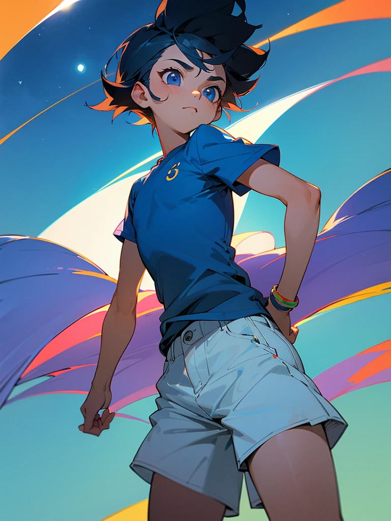 Un chico en el parque, 10.year old, shorts corto, blue T-shirt, pelo rubio, ojos azules, piel blanca, rasgos finos, rasgos europeos, with the moon behind defined muscular body