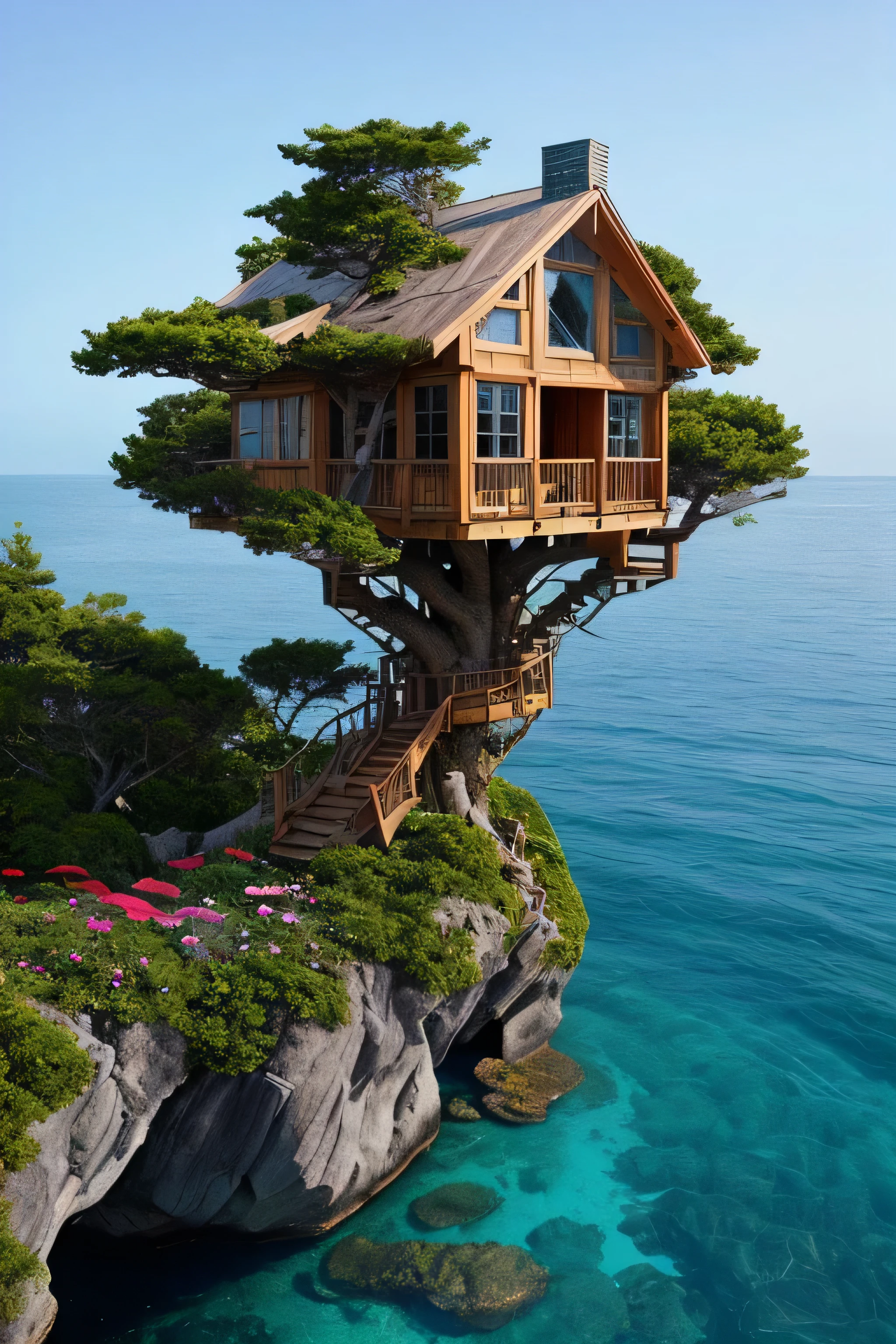 Perfection The Coolest tree house on a large rock in the middle of the sea with flowers in front of the house and trees on both sides of the house