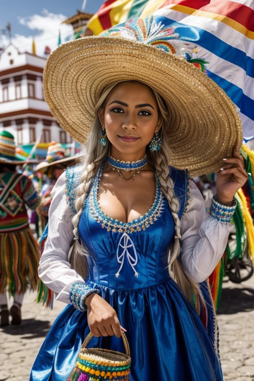 Close-up of a very sexy Nordic woman with long blonde hair wearing a blue and white dress and hat, disfraz con detalles en azul, disfraz tradicional, vistiendo un traje adornado, folklorico, (((carnaval de Oruro, bolivia))), ethnic outfit, ropa tradicional de chola color azul, vestido tradicional, Traje nacional boliviano de carnaval, una mujer joven y muy hermosa.