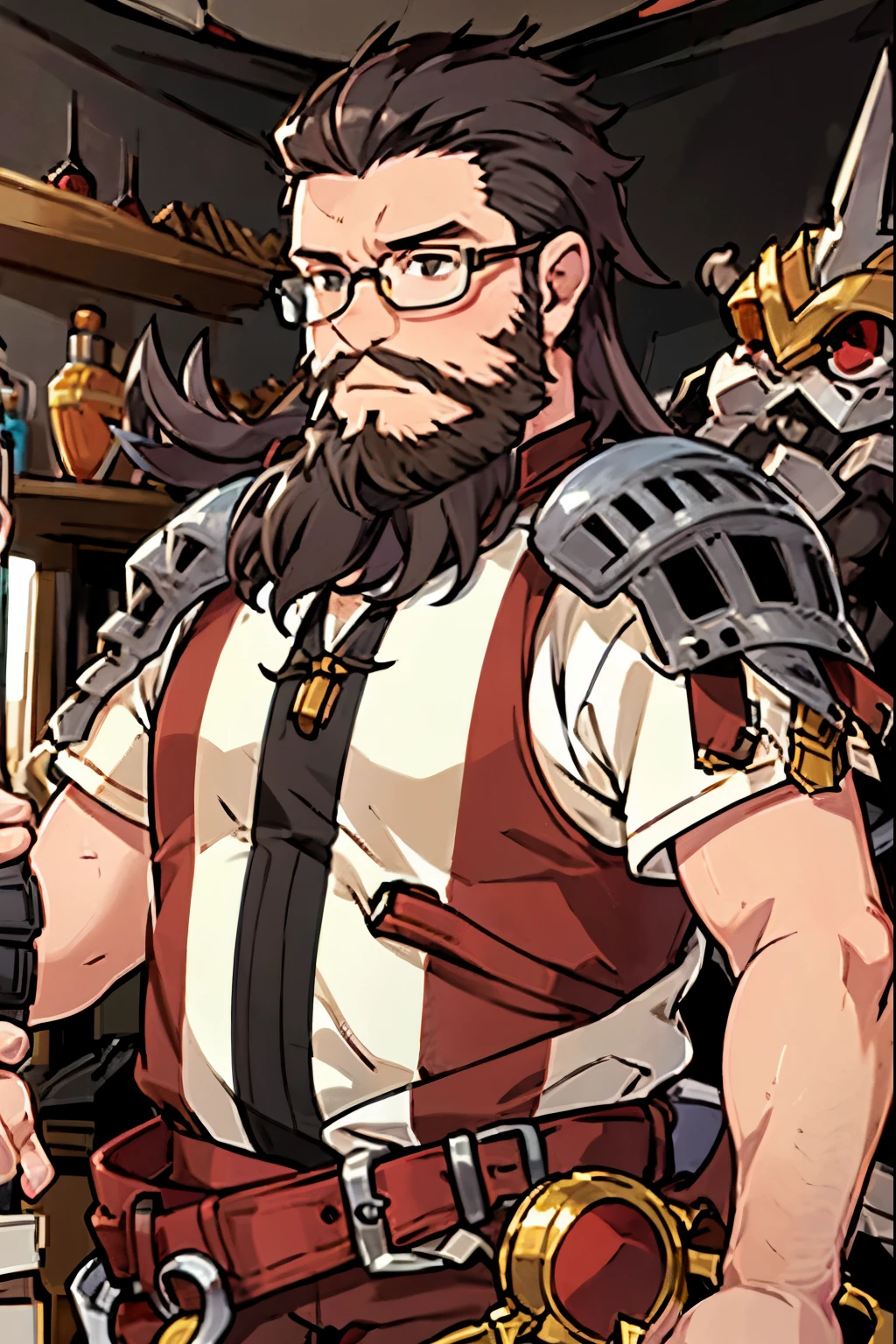 Large medieval kingdom in the background, old mature male, black hair, long hair, curly hair, ((black beard))), ((thick beard)), (((full beard))), ((long beard)), tall male, yellow eyes, bright eyes, brilliant eyes, 32 years old, golden glasses, glasses on forehead, tall, fat, chubby, medieval armor, light armor, (((red armor:1.0))), Mystical armor, Golden details on the armor, elsword style armor, Neutral face, cowboy shot, high resolution:1.2, best quality, master part, daylight, Reflection of lens, upper body shot