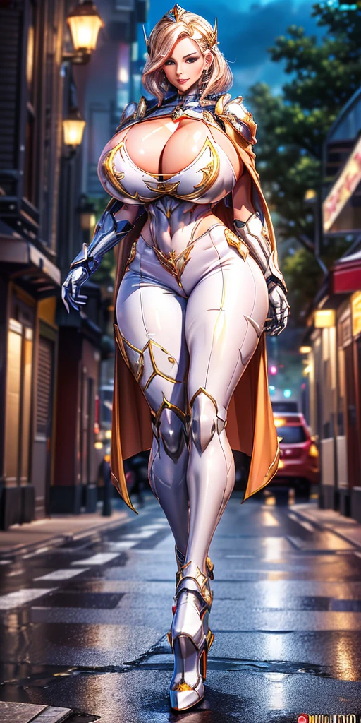 1GIRL, SOLO, (smile, makeup, beautiful eyes, red libs, gold dragon helm) (HUGE BOOBS:1.4) (MECHA GUARD ARM, GLOVES) (white, GIRL IN MECHA CYBER ARMOR CROP TOP, ROYAL CAPE, CLEAVAGE, SKINTIGHT HOTPANTS, HIGH HEELS:1.4) (SLENDER BODY, SEXY LONG LEGS, FULL BODY:1.5) (MUSCLE ABS:1.2) (LOOKING AT VIEWER:1) (WALKING DOWN ON STREET NIGHT CHERRY TREES:1.3) PHYSICALLY BASED RENDERING, ULTRA HIGHT DEFINITION, 8K, 1080P