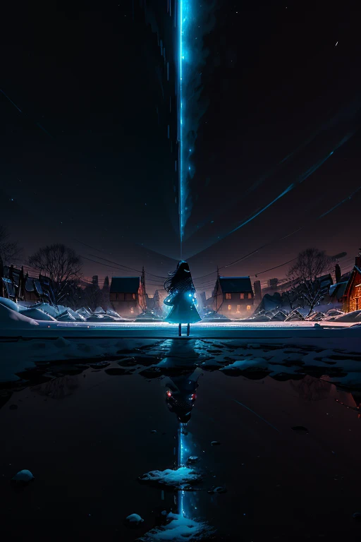 In the heart of the still night, a solitary figure emerges against the backdrop of an 8k high-resolution canvas. The scene is set, an Obra Maestra of tranquility and mystery.
The moon, full and brilliant, casts an ethereal glow over a picturesque snow-kissed village, its multicolored rooftops reflecting the luminescent light. The silence is broken by the crackle and pop of a roaring blue fire.
((One girl)) stands alone, her jet black hair cascading in gentle waves around her face, framing her stunning features. Her eyes, a captivating shade of blue, dazzle with an