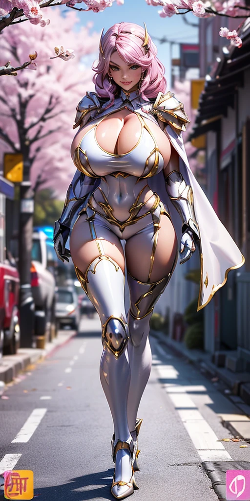 1GIRL, SOLO, (smile, makeup, beautiful eyes, red libs, gold dragon helm) (HUGE BOOBS:1.4) (MECHA GUARD ARM, GLOVES) (white, GIRL IN MECHA CYBER ARMOR CROP TOP, ROYAL CAPE, CLEAVAGE, SKINTIGHT HOTPANTS, HIGH HEELS:1.4) (SLENDER BODY, SEXY LONG LEGS, FULL BODY:1.5) (MUSCLE ABS:1.2) (LOOKING AT VIEWER:1) (WALKING DOWN ON STREET NIGHT CHERRY TREES:1.3) PHYSICALLY BASED RENDERING, ULTRA HIGHT DEFINITION, 8K, 1080P