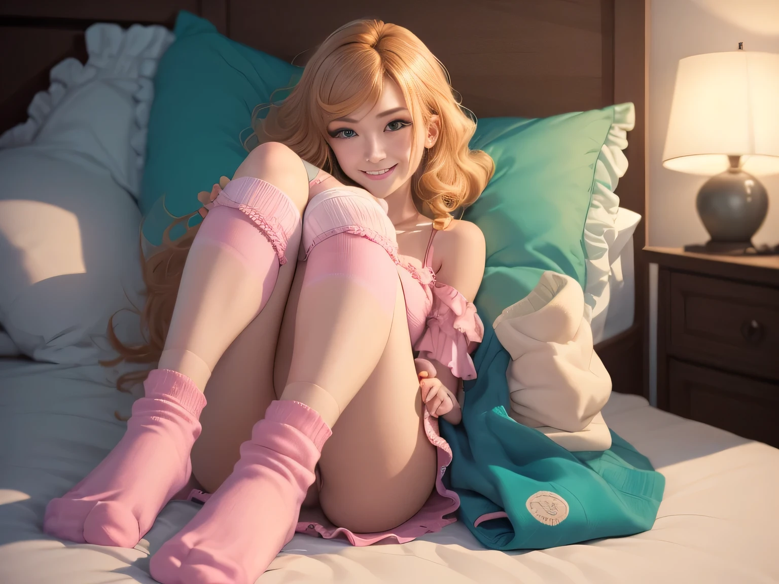 1 girl, Samus Aran, strawberry blonde hair, blue eyes, (shoulder length hair), wavy hair, (pink socks, frilly socks, short socks), gentle, gentle light, delicate, happy, smile, bed, no panties, jewelry, frills, frilly, socks, green, pink, close up