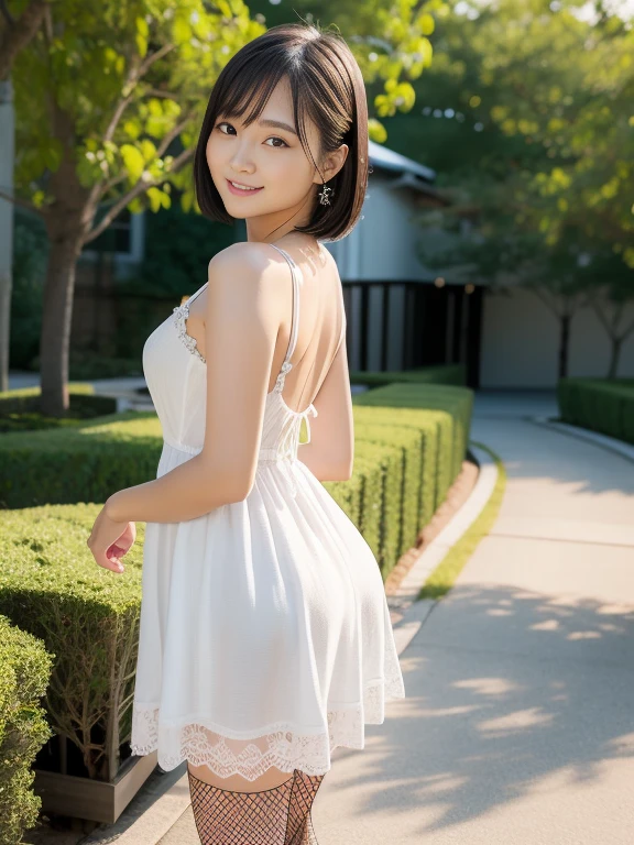 (Best-quality, Masterpiece, Ultra-High-Resolution, (Photorealistic:1.9), Raw Photo, depth of field, professional lighting, perfect anatomy, extremely details), 1girl, 15-years-old, the most famous Japanese idol, ((wearing extremely cute-lacy light-pink casual-dress with cute-design)), looking at viewer, (((innocent smile))), (((upturned ass))), (((hands on hip))), ((extremely cute face, ((extremely cute and extremely big black-realistic-eyes)), extremely cute black-hair) extremely cute long-eyelashes, extremely cute lips), (((extremely beautiful and extremely realistic skins))), extremely beautiful thighs