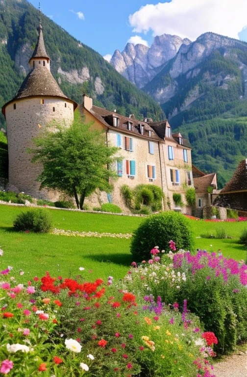 Beautiful Mountain々,Colorful flowers blooming in abundance,France,antique castle