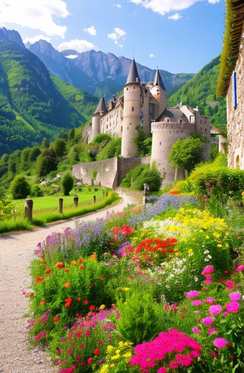 Beautiful Mountain々,Colorful flowers blooming in abundance,France,antique castle