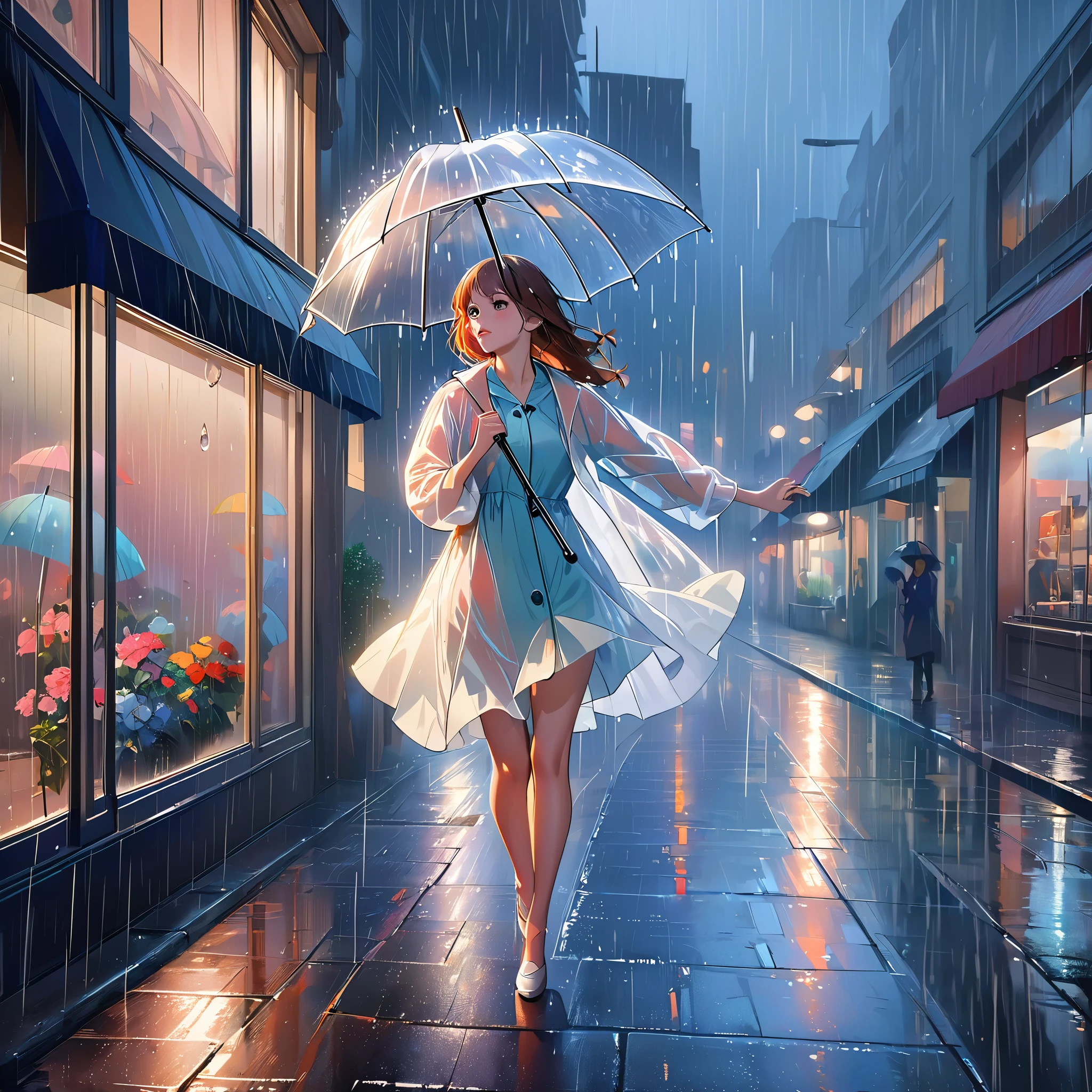 best quality, highres, ultra-detailed, realistic:1.37,a girl in a city at night,wearing made of transparent vinyl rain coat,holding an umbrella,((dancing in the rain like Singin' in the Rain:1.8)),Close to cold colors,reduce saturation,((natural color:2.8)) full-body image,medium:oil painting,detailed face,beautiful eyes and lips,dark and moody atmosphere,vibrant colors,streaks of raindrops,city lights reflecting on wet streets,glowing umbrellas in the background,shimmering rain-soaked pavement,ethereal and dreamy lightin,((lined up shop windows and narrow sidewalk background:2.0))