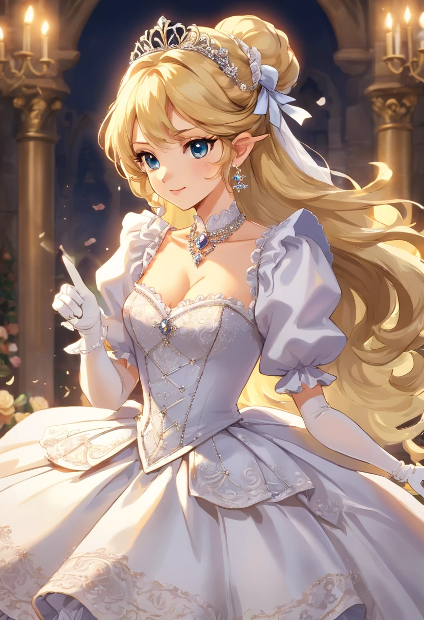 A stunningly beautiful blonde fairytale Princess shining with Royal Pomp and Regal Splendor, wearing a Stately and (((Elaborate))) Royal Cinderella Wedding Dress of Silver and White Brocade, with (((enormous puffed sleeves))) a stiffly boned, padded and corseted bodice, an hourglass waist, a (((huge crinoline hoopskirt))) and (((bustle))), adorned with ribbons, bows, roses, lace, ruffles, frills, embroidery, and jewels, elaborately curled and styled hair, long white gloves, pearl and diamond necklace and earrings