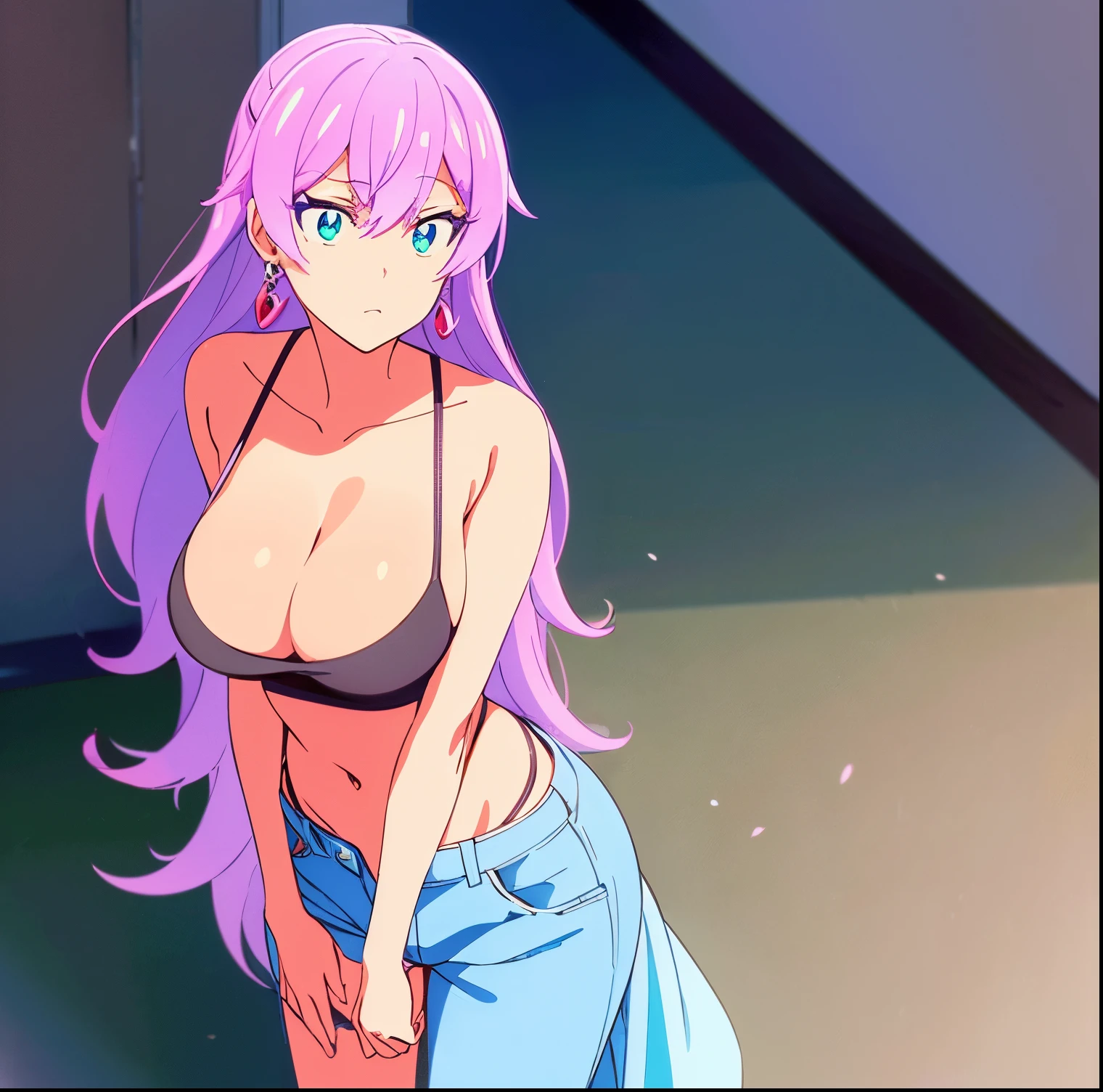 1 girl, alone, Akari Watanabe, long hair, blue eyes, pink hair, thin, earrings, tight black shirt, tight denim jeans, cleavage, black heels, bare arms, full length, big breasts, medium waist, wide hips, wide thighs, round butt, walking on the street, evening, good lighting (masterpiece: 1.2), best quality, high resolution, 8K wallpaper unit (art: 0.8), (beautiful detailed eyes: 1.6), extremely detailed face, looking at viewer, from the front (from above), perfect lighting, extremely detailed CG (perfect hands, perfect anatomy),
