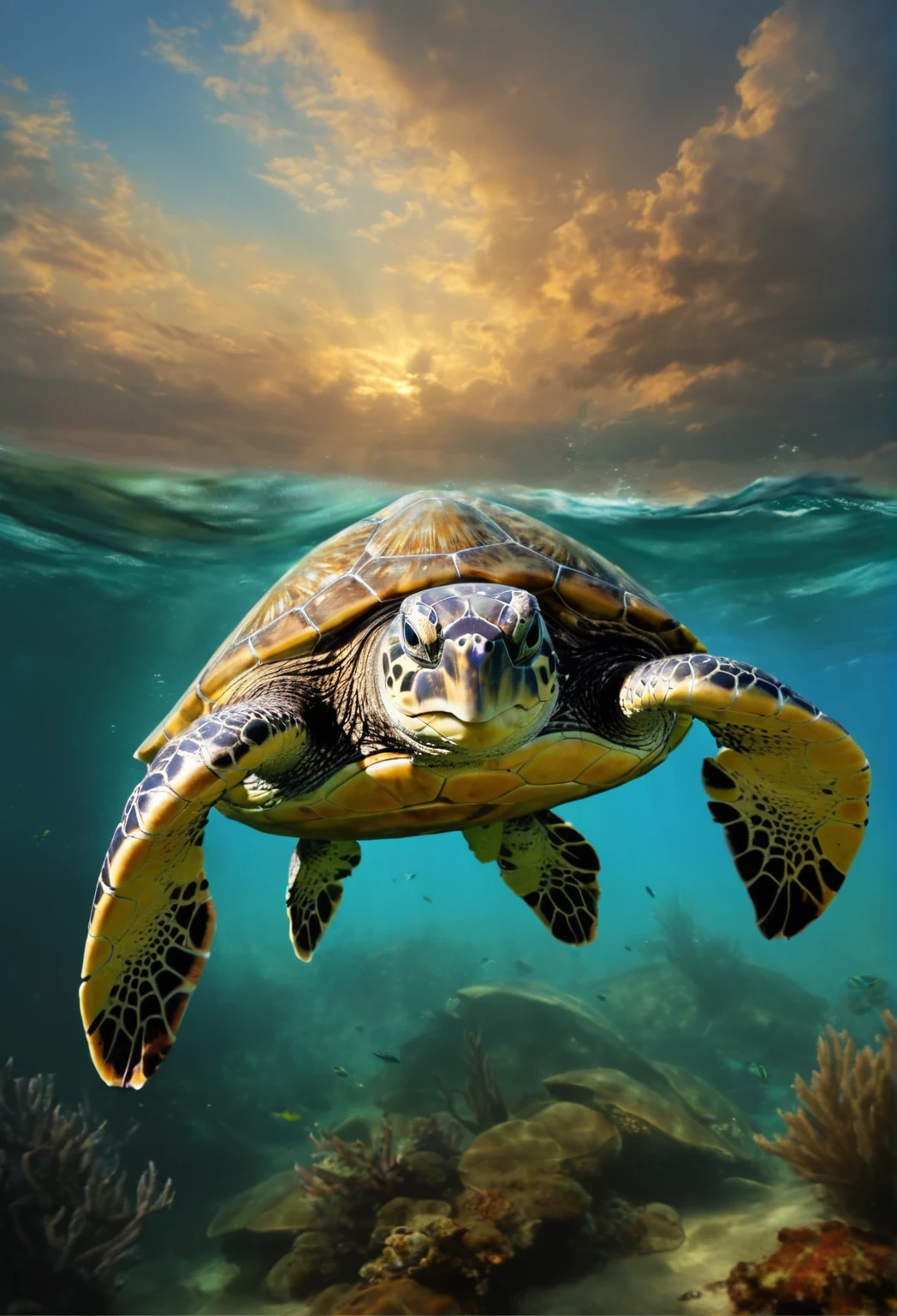 there is a turtle swimming in the ocean with a cloudy sky, turtle, world-bearing turtle, anthropomorphic turtle, great leviathan turtle, amazing depth, sea turtles, anthropomorphic turtle hero, an anthropomorphic turtle, half turtle, mitch mcconnell as a turtle, Great, twin, as an anthropomorphic turtle