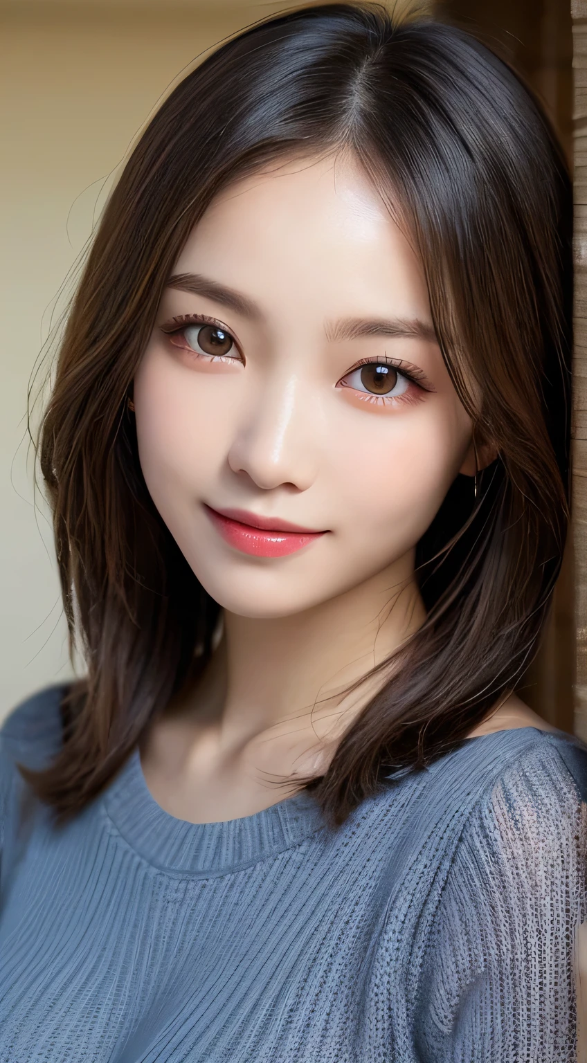 Body portrait, 8K, thin and beautiful eyes, Dindal effect, masterpiece, top quality, high quality, high resolution, very detailed photo, (natural skin texture, fine skin, hyper realism, super sharpness), high detail skin, (very fine), fine skin texture, dense detail, beautiful face, (realistic face), realistic eyes, beautifully detailed eyes, realistic skin, beautiful skin, surreal, highly detailed Golden ratio, smiling eyes, daytime beach, skin that reflects sunlight, body portrait, oily skin, shiny skin, black shiny skin, oily shiny skin, huge breasts, super breasts, big breasts, glamorous, thin knit sweater, wet,