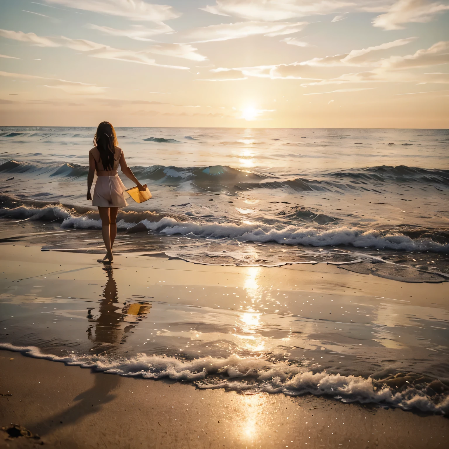 (best quality, highres:1.2), ultra-detailed, realistic:1.37, three people walking along the seashore against the background of sunset, calm yellow-brown colors, silhouettes in the golden hour, peaceful waves gently crashing, sand reflecting the warm hues, distant palm trees swaying in the breeze, serene atmosphere, vibrant orange and pink sky, enchanting reflections on the water, idyllic beach setting, soft light casting long shadows, tranquil and serene ambiance, a small boat floating in the distance, sun sinking below the horizon, gentle waves washing over their feet, cotton candy clouds, a sense of tranquility and harmony.