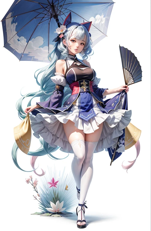Surreal, Anime girl in a blue skirt holding an umbrella and a fan, Cute anime girl in a beautiful skirt, Anime cute art style, anime goddess, Onmyoji, Moon themed clothing, Azure Lane style, Desire Personality, From the Azur Lane video game, best anime 4k konachan wallpaper, Anime full body illustration, Onmyoji detailed art, pixiv style(Big Breasts,Cleavage close-up,Wide hips, Curvy beauty,)