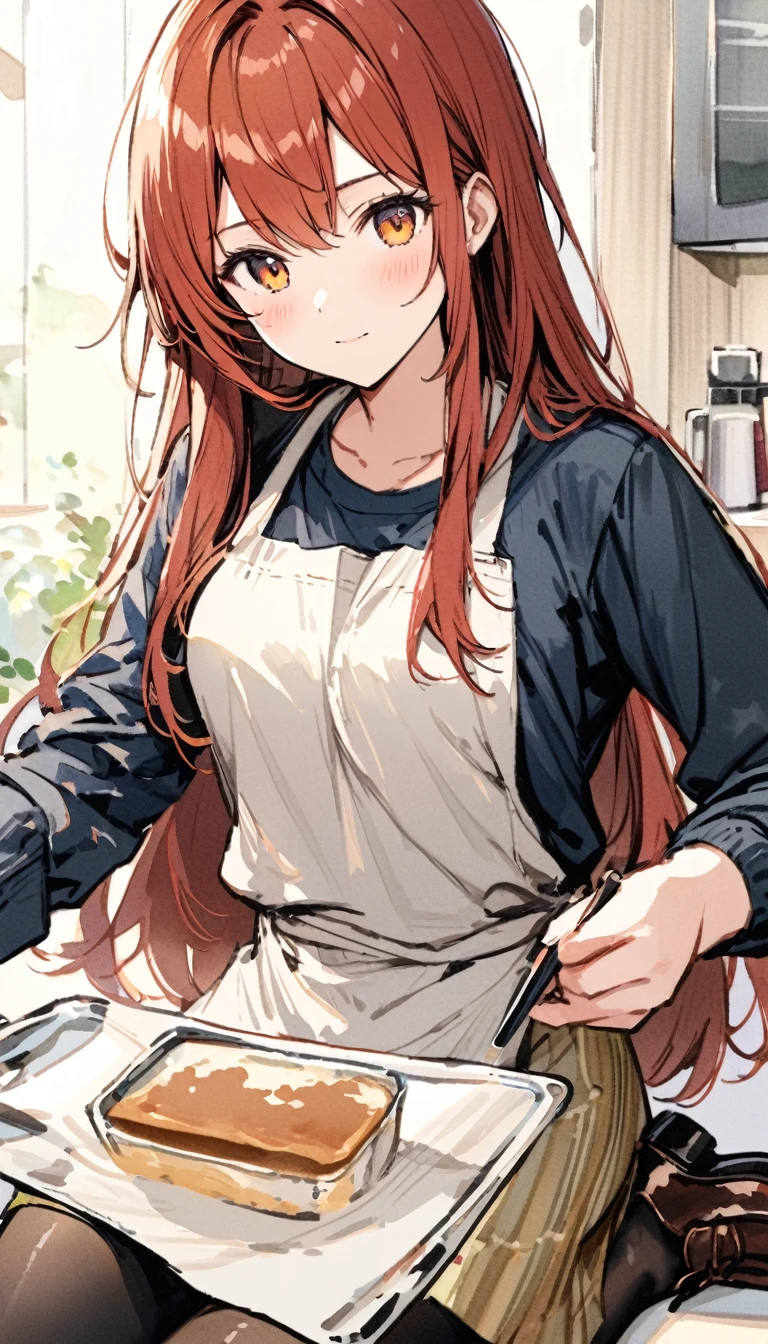 A girl with reddish chestnut-colored, medium-long hair, masterpeace,ultra detailed, watercolors,rough sketch, wearing a blazer, sweatshirt, Y-shirt, skirt, black pantyhose, and loafers,She's wearing an apron and making coffee,