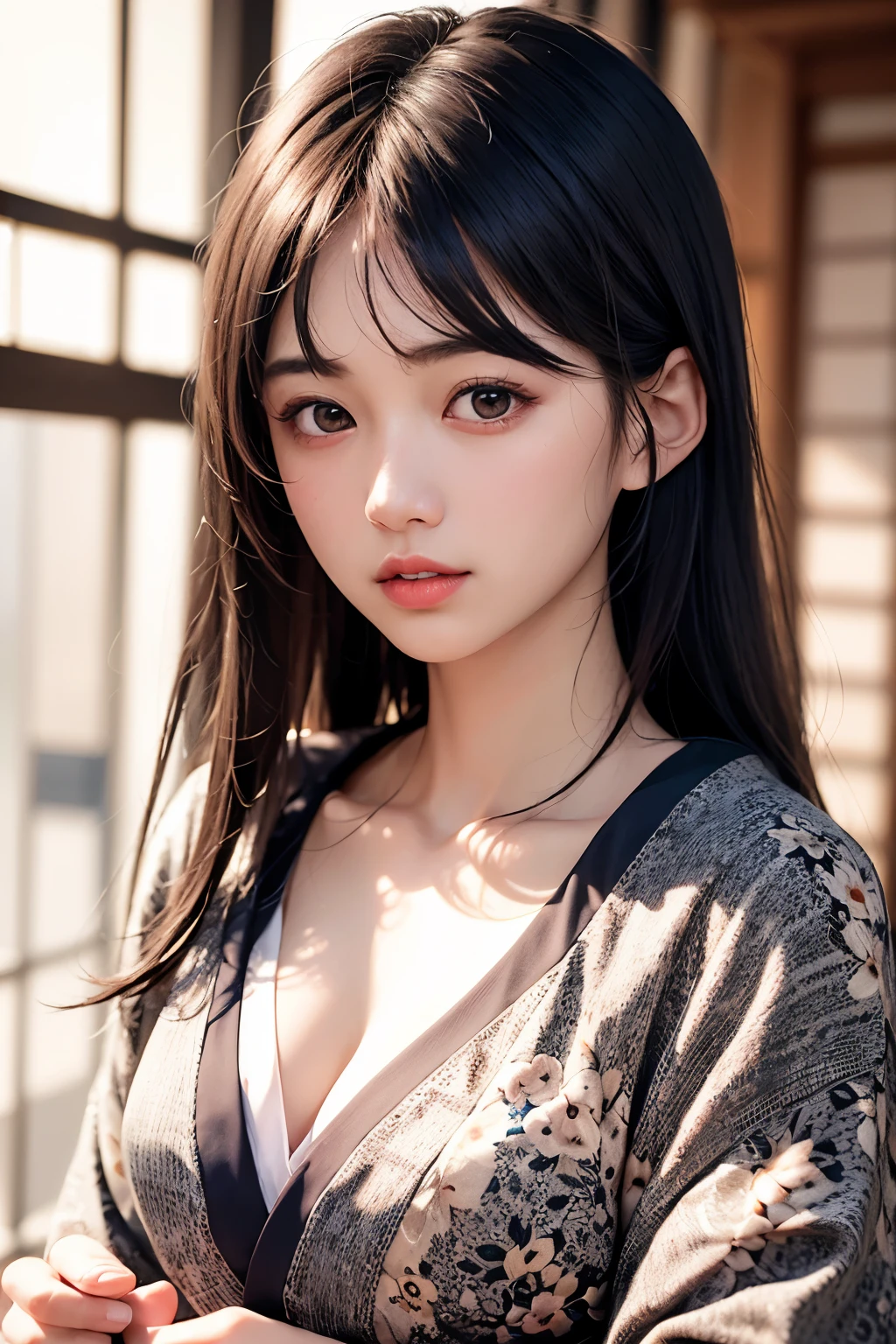 (1 nogizaka girl,raw photo,photo realistic:1.5),(best quality, high quality,HDR, highest quality,ultra high resolution,high resolution,high res,ultra high difinition,huge file size,8K,2K wallpaper,8K wallpaper,high quality texture,amazing,an extremely delicate:1.4),one girl, Japanese famous idol,beautiful face,small face,absurd,ridiculous,incredibly ridiculous,portrait,breasts close up,blurry background,(kimono,cleavage,no makeup:1.2),medium skin,beautiful skin,detailed skin,small head,black hair,silky hair,(Japanese eyes,almond eyes:1.5),detailed eyes,black eyes,Japanese idol eyes,Japanese nose,5-fingers,(eyebrow:-0.5),(Light Particles, Lens Flare, Luminous Particles: 0.7),looking at viewer,bright lighting,professional lighting,girl