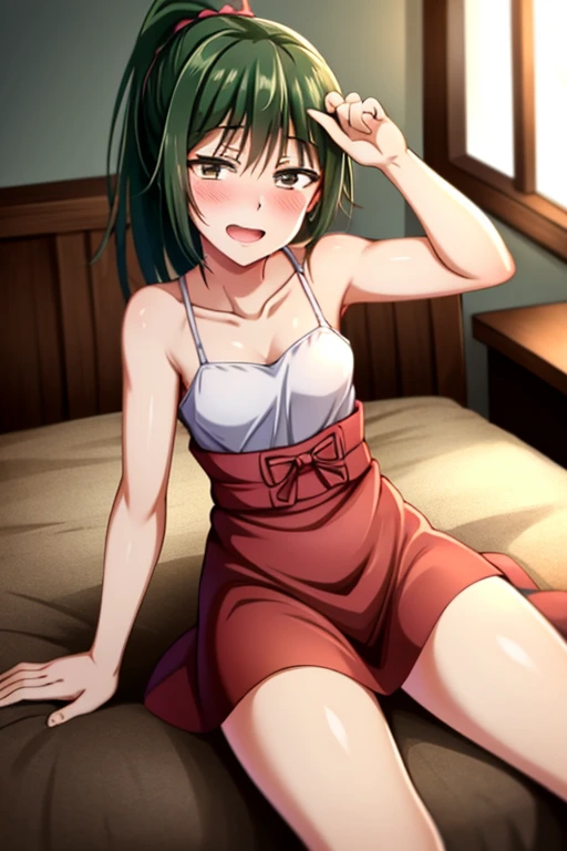 ((highest quality)), ((masterpiece)), (be familiar with), Perfect Face, indoor, Bedroom, Watching the audience,
One woman, Zenyuan Maki,
Open Mouth, Ecstatic expression, blush, smile,
Small breasts, Flat Chest, Young Girl, , , Girl,
Long Hair, ponytail,
Leg spread,