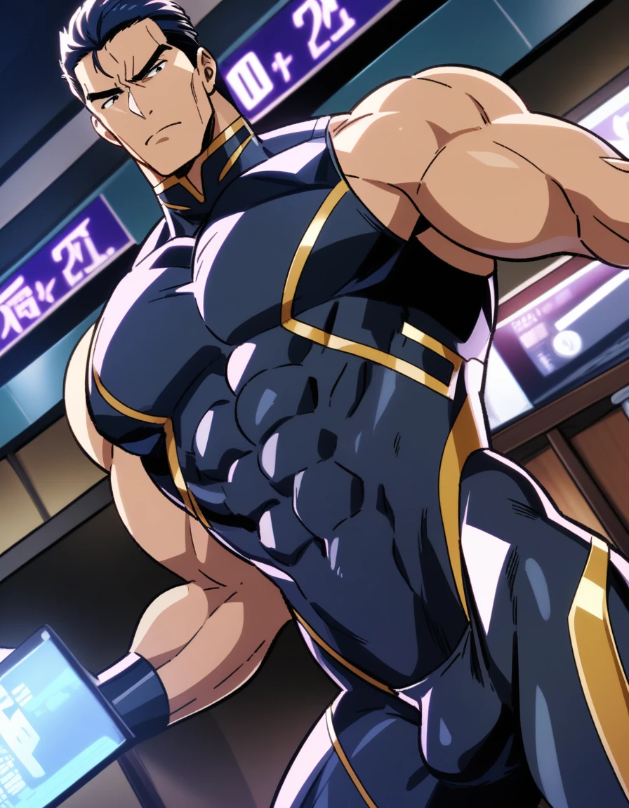1man, mature male, masculine handsome guy, solo, in taimanin style, small bulge, dynamic action, dutch angle, sleeveless bodysuit, short hair, 2000s, VHS Quality, masterpiece, best quality