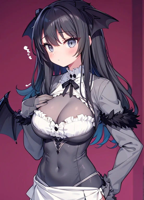 bat wings on sleeves, gray fur, gray bodysuit, ruffled white skirt, slim waist, large breasts