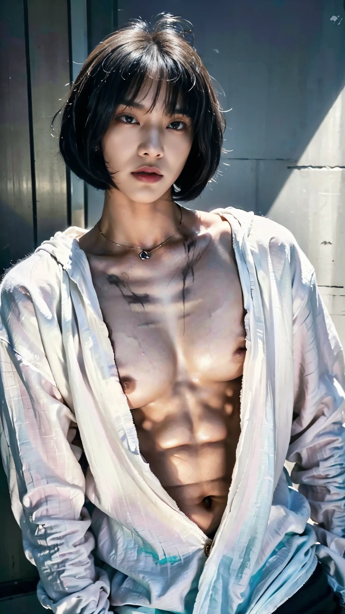 Realistic photos, 8k,Energy Drinks,body is male,A woman with a beautiful face,,(((Bob cut ladyboy,transgender,otokonoko,Male chest,No bulge in the chest))),((Full body view,Flat Chest,Very muscular,Body fat percentage10％,Muscles like athletes,Macho,massive)),(((Homeless,beggar,Pale face,It is dirty,Bad smell,dirty,odor,Homeless,Depraved,Handsome young Korean ladyboy with bob cut))),(((Very big eyes,Angry face,looking at the camera,Frowning))),Chest is male,(Ultra-realistic), (High resolution), (8k), (Very detailed), (Best Illustration), (Beautiful fine details), (highest quality), (Super detailed), (masterpiece), (Detailed face), ,alone,Black hair bob cut,(((A girl with makeup on her face,The body is a perfect man))), Wearing a dirty black hoodie,Transgender,Korean,kpop,完璧な筋肉質なMale chest