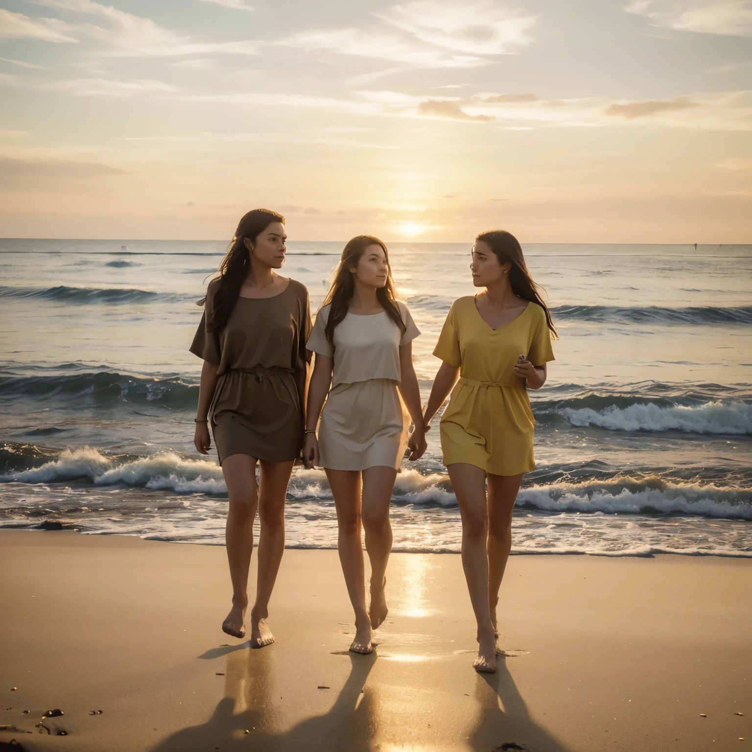 (best quality, highres:1.2), ultra-detailed, realistic:1.37, three people walking along the seashore against the background of sunset. picture in calm yellow-brown colors