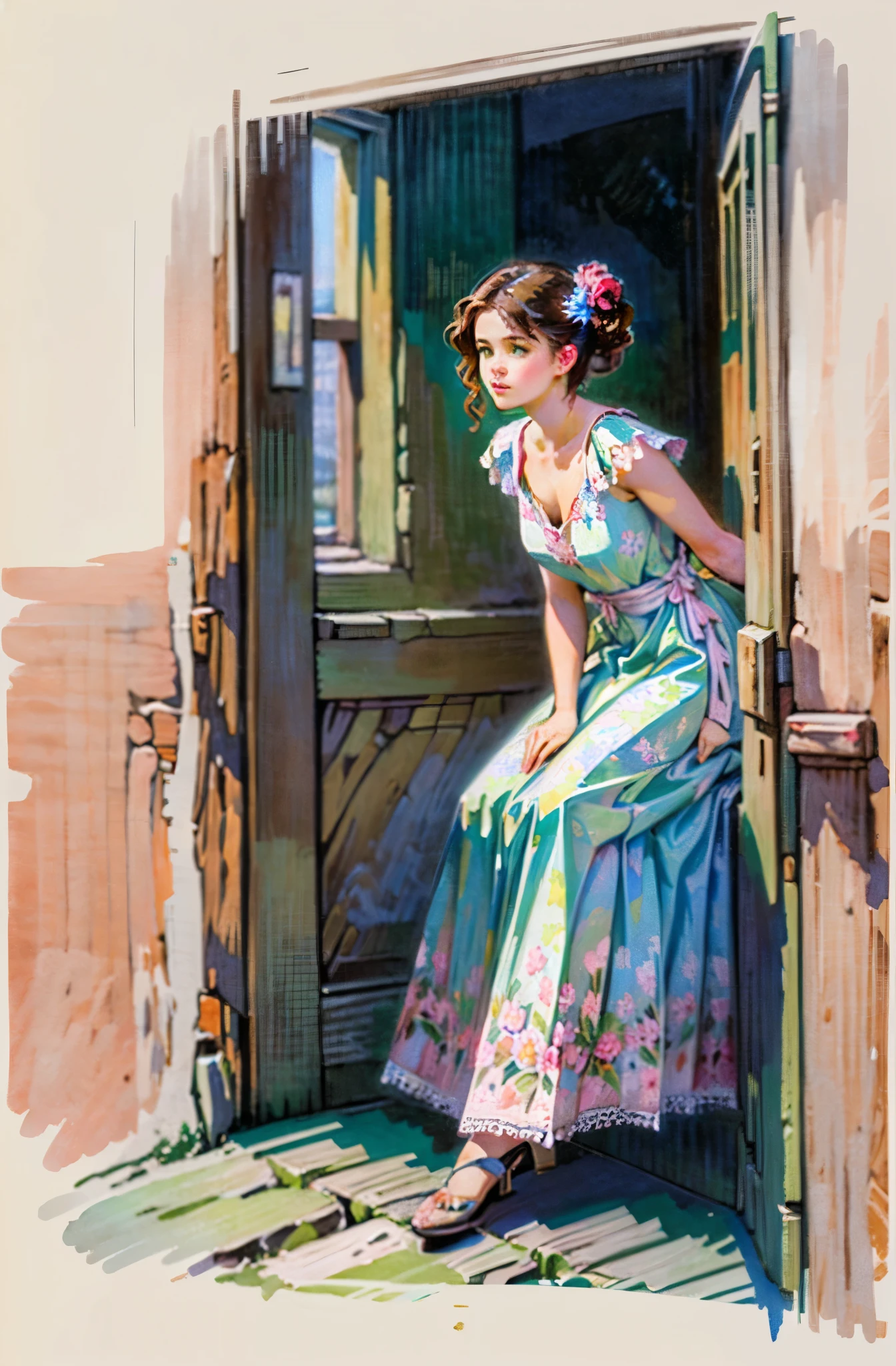 (Impresionism1:1.0) soft pastel palette (white, pink, red, green, brown) watercolor (pensive pretty Young woman long dark brown hair in a floral print dress lace edges 1.0) (sitting on a stone door step leaning against an old brown wooden door 1.0).