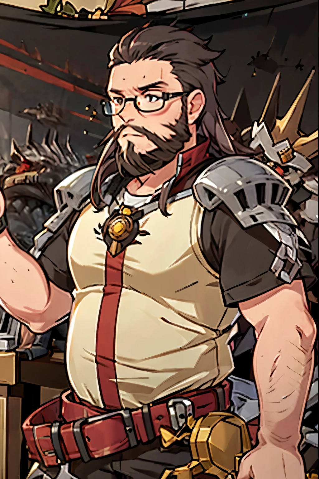 Large medieval kingdom in the background, old mature male, black hair, long hair, curly hair, ((black beard))), ((thick beard)), (((full beard))), ((long beard)), tall male, yellow eyes, bright eyes, brilliant eyes, 32 years old, golden glasses, glasses on forehead, tall, fat, chubby, medieval armor, light armor, (((red armor:1.0))), Mystical armor, Golden details on the armor, elsword style armor, Neutral face, cowboy shot, high resolution:1.2, best quality, master part, daylight, Reflection of lens, upper body shot