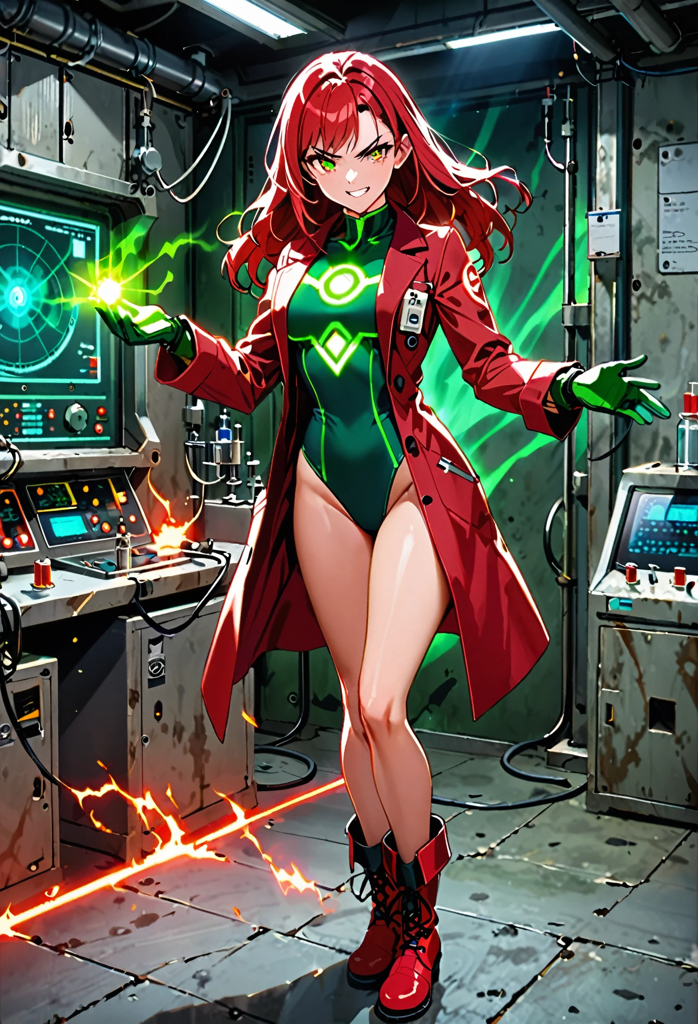 masterpiece, best quality, 1girl, solo, tall body, scientist, mad scientist, (red lab coat), (green leotard), (red bow, hair bow), bare legs, (ankle-high boots, red boots, matching boots), (gloves, green gloves, matching gloves), (red hair, long hair), (hazel eyes, beautiful detailed eyes), (perfect hands, complete fingers, perfect anatomy, perfect proportions), scheming pose, professional, laboratory backdrop, cowboy shot, bunker, evil grin, (atomic symbol on chest), powering up, full body costume design, glow, energy pulse, (aura, red aura).