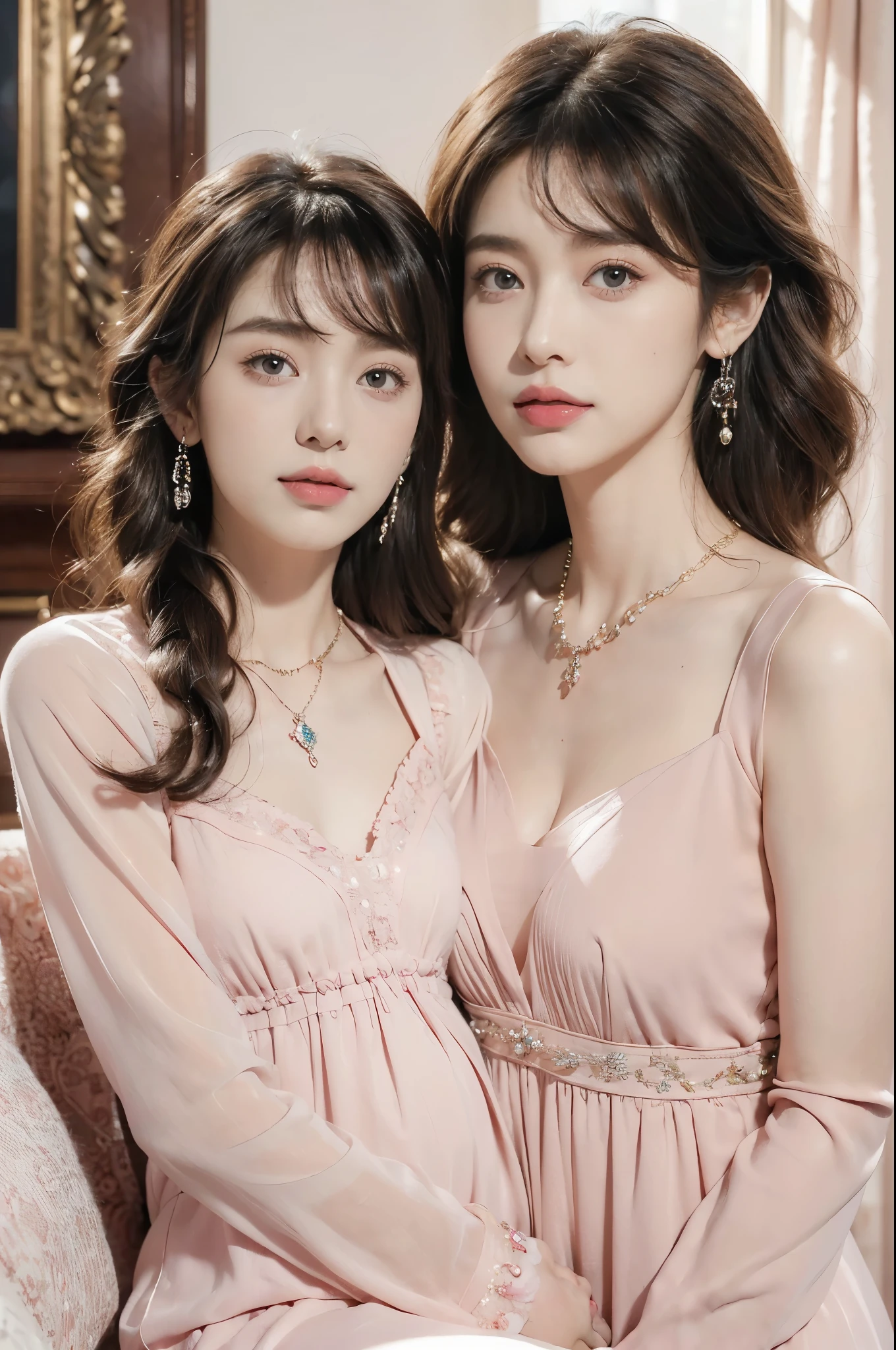 (((8k))),((Extremely meticulous CG)) ,(wallpaper),(Portrait above the chest:1.5),16k,((Extremely refined and beautiful)),(((Masterpiece))),(((best qualtiy))),(((Ultra High Resolution))),beautiful light up,realistic shaded,(Smooth and flawless fair skin:1.5),(pale skin:1.3),(Extremely exquisite facial details:1.2),(perfect body:1.2),(ultra-detailed:1.2),(30-year-old mother and 2-year-old daughter:1.5),(woman and little baby:1.5),(small head:1.2),(medium straight bob hair:1.2),(bangs:1.5),(small face:1.2),(baby face:1.3),(Exquisite makeup:1.2),(((slim,thin))),(happy:1.2),(laughing:1.2),(earrings:1.2),(crystal necklace:1.3),(collar:1.3),(pink dress:1.5),(sleeves:1.3),(day scene:1.5),(indoor:1.2),(in the living room:1.5),(detailed background:1.5),(standing:1.3),(arms behind back:1.3),(close-up of face:1.3),(from front:1.3)