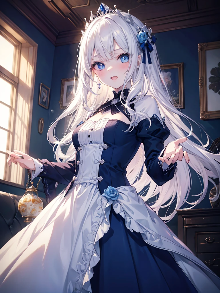 masutepiece, Highest Quality, (Perfect face:1.1), (high detailing:1.1), (ultradetailed eyes), Dramatic, superfine illustration, Extremely detailed, 1girl in,teenager, (pale skin), long white hair, Ethereal eyes, Blue eyes,blush,Solo,Smile, Happy, Laugh, Enjoy, Open mouth, Pouty lips,Cinematic lighting, Looking at Viewer,Cowboy Shot,Long sleeve,Blue Princess dress,indoor,night,living room,dynamic pose,snow,winter