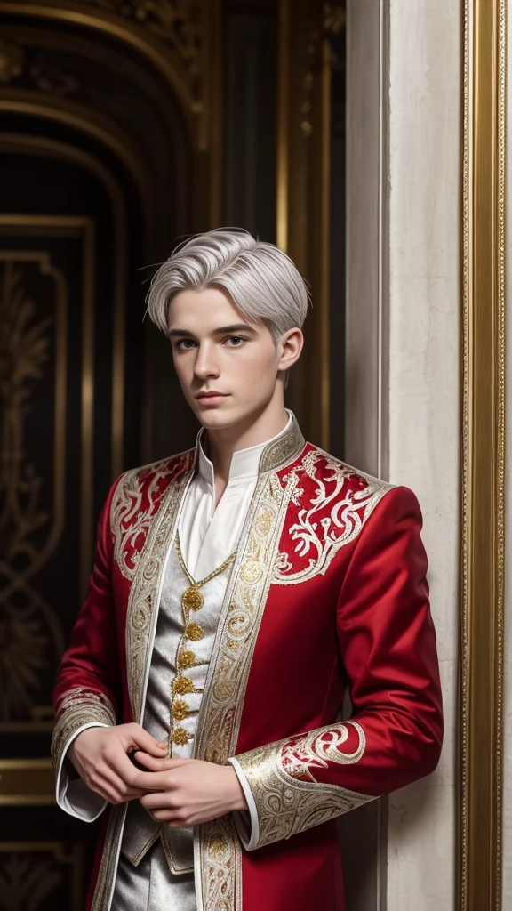 A young pale white, European man, with silver hair, wearing a simple red european brocade, with gold and silver linings