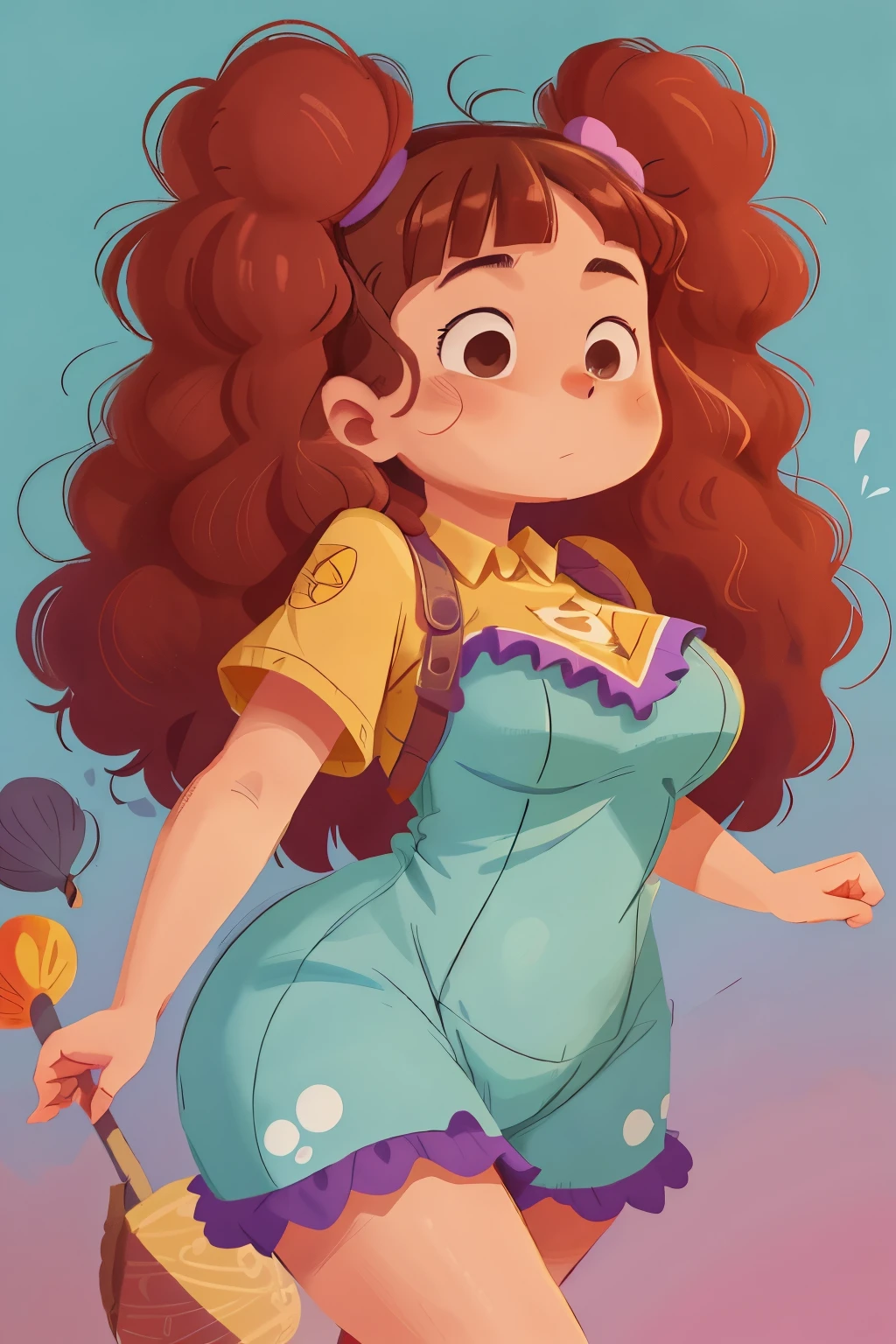 An humorous and wise cartoon character, this girl is depicted with large, curly hair framing her round face. Her arms and legs are clearly visible, showing her playful and lively demeanor. Despite her youthful appearance, marked by her being , she exudes a sense of maturity and intelligence. Her firm and round breasts add to her charming and captivating figure.