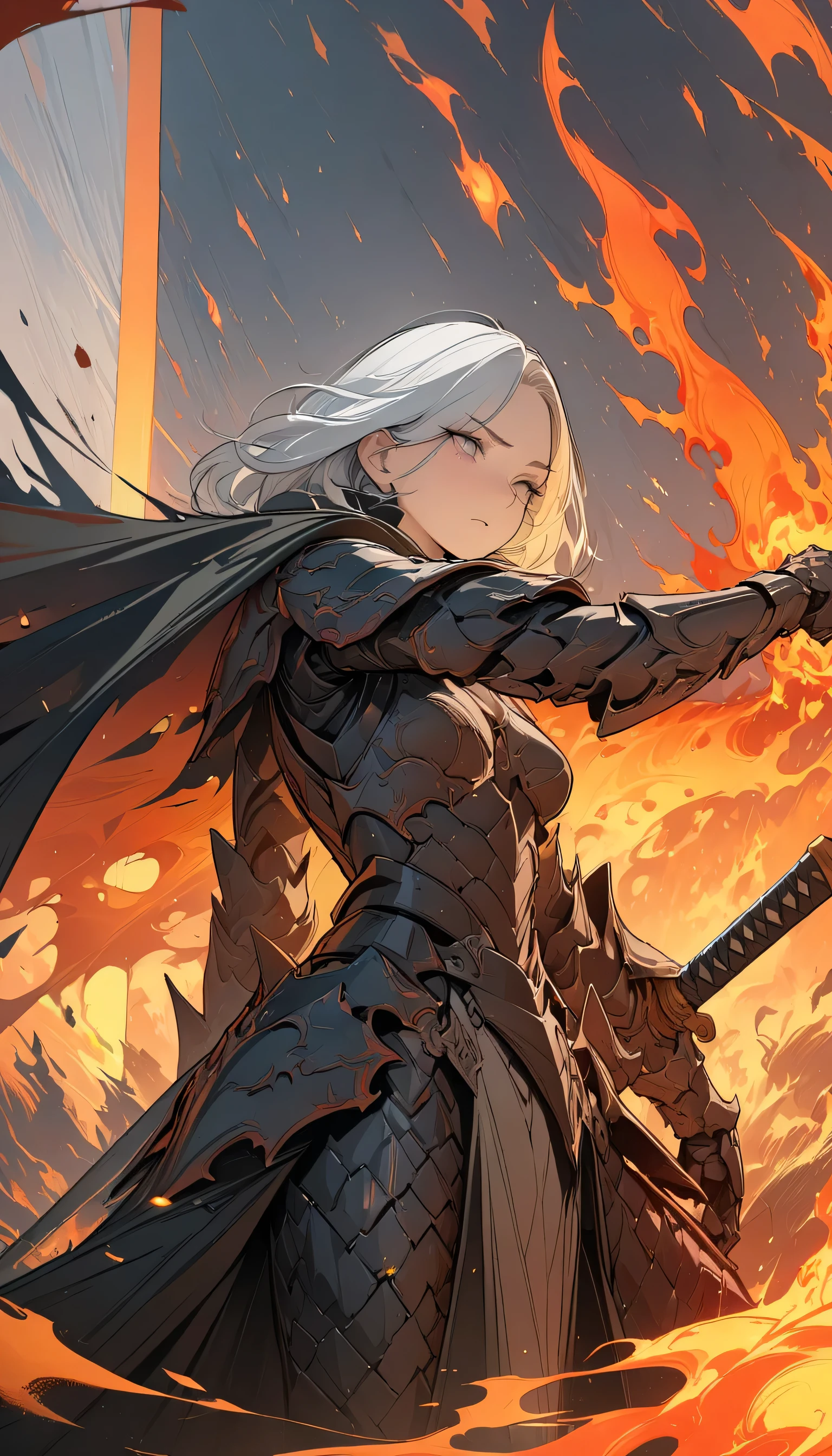 A woman in armor holding a sword in front of a fire - SeaArt AI