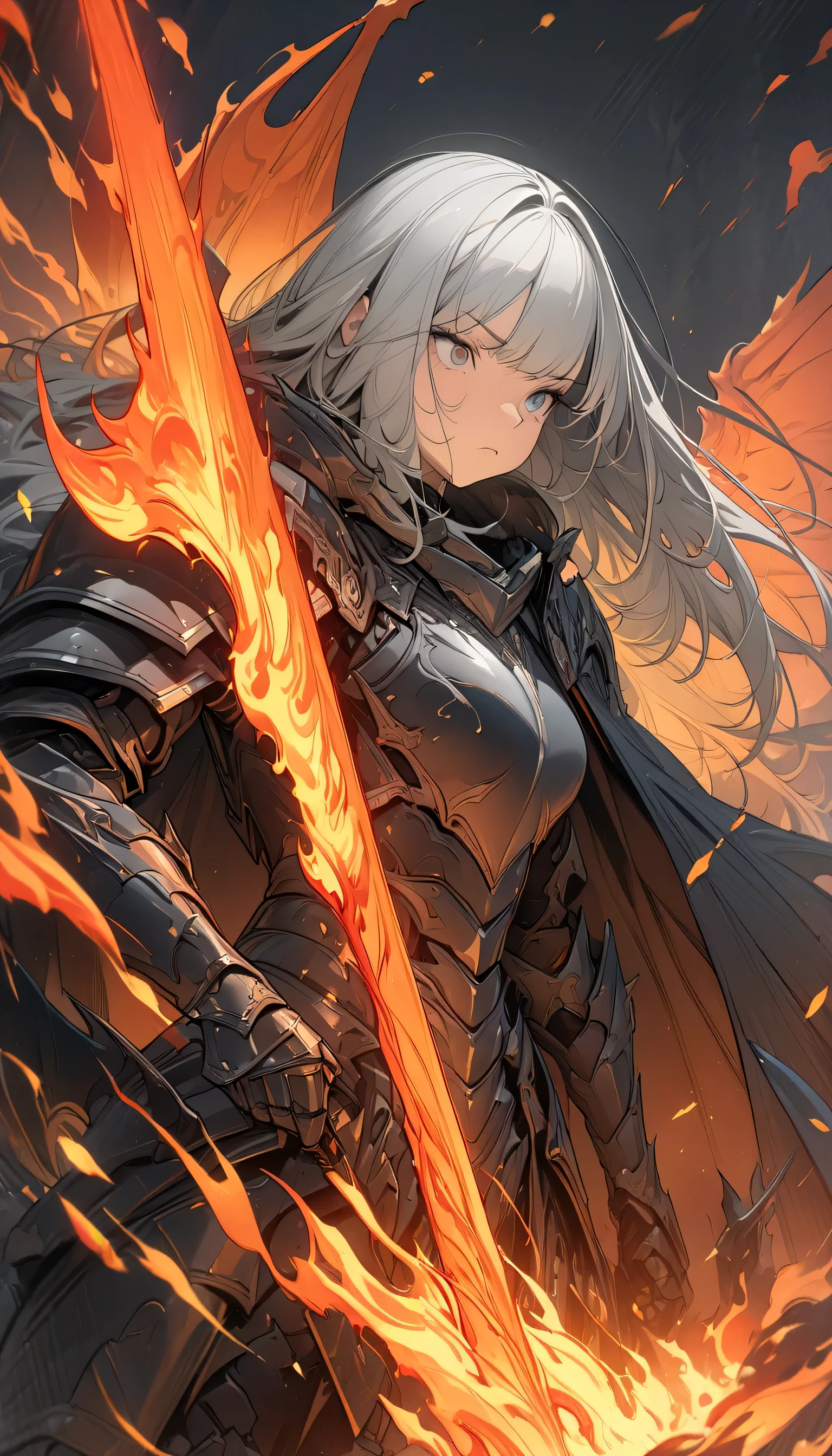 ((Ultra-fine illustrations, 8k, masterpiece :1.2, Sharp focus :1.2, Depth of written boundary:1.2)), Beautiful female swordsman, Disorganized, Highly detailed face and skin texture, Silver Hair, Jet Black Armor, Flame Armor, Cloak on Fire, Flaming Sword, Wings of Fire, Determination to overcome sadness, There's a sign of determination in your gentle eyes , Strong Soul、Full Body Shot