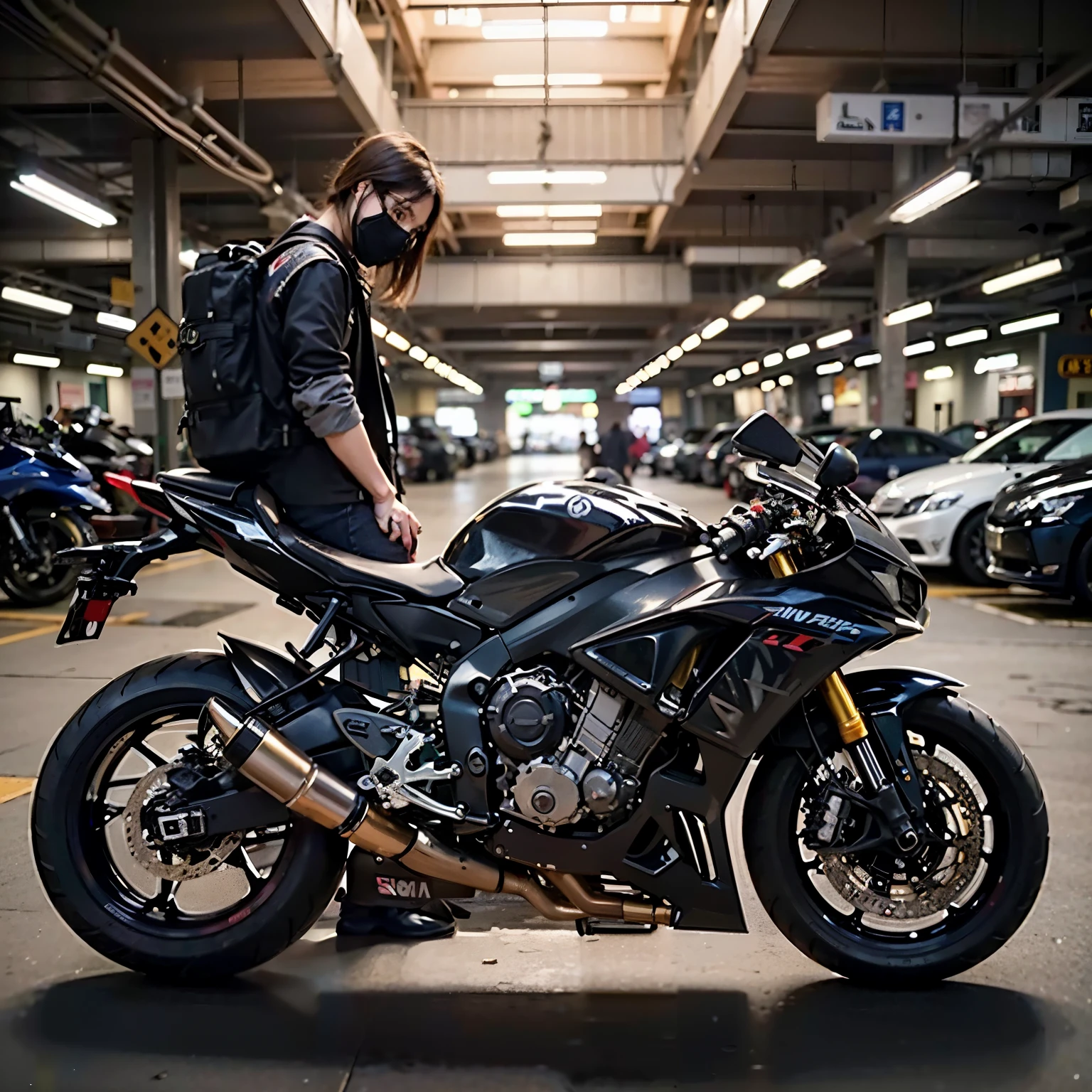 (RAW shooting, Photorealistic:1.5), 8k, highest quality, masterpiece, Ultra-high resolution),Motorcycle Pictures、Perfect dynamic composition:1.2,YAMAHA yzf-r6、Japanese women、Beautiful Face、Neo Cafe Racer Custom、Cowl、Photorealistic、Extremely intricate details、Exact bike details