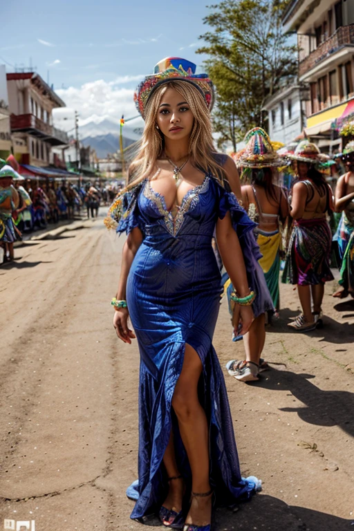 A full body shot of a very sexy Nordic white skinned woman with long blonde hair wearing a blue and white dress and hat, disfraz con detalles en azul, disfraz tradicional, vistiendo un traje adornado, folklorico, (((carnaval de Oruro, bolivia))), ethnic outfit, ropa tradicional de chola color azul, vestido tradicional, Traje nacional boliviano de carnaval, una mujer joven y muy hermosa.