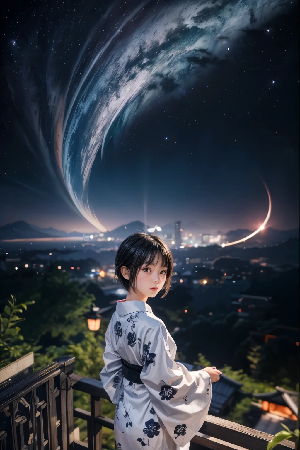 A -yeld Jaese girl stands gazing at the night sky、Slender、wearing a black yukata。White medium short hair。The yukata has a white rabbit design。Highest quality。Pose in the back。