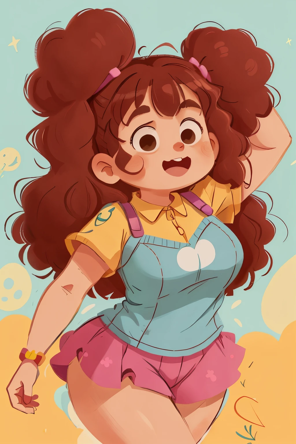 An humorous and wise cartoon character, this girl is depicted with large, curly hair framing her round face. Her arms and legs are clearly visible, showing her playful and lively demeanor. Despite her youthful appearance, marked by her being seventeen years old, she exudes a sense of maturity and intelligence. Her firm and round breasts add to her charming and captivating figure.