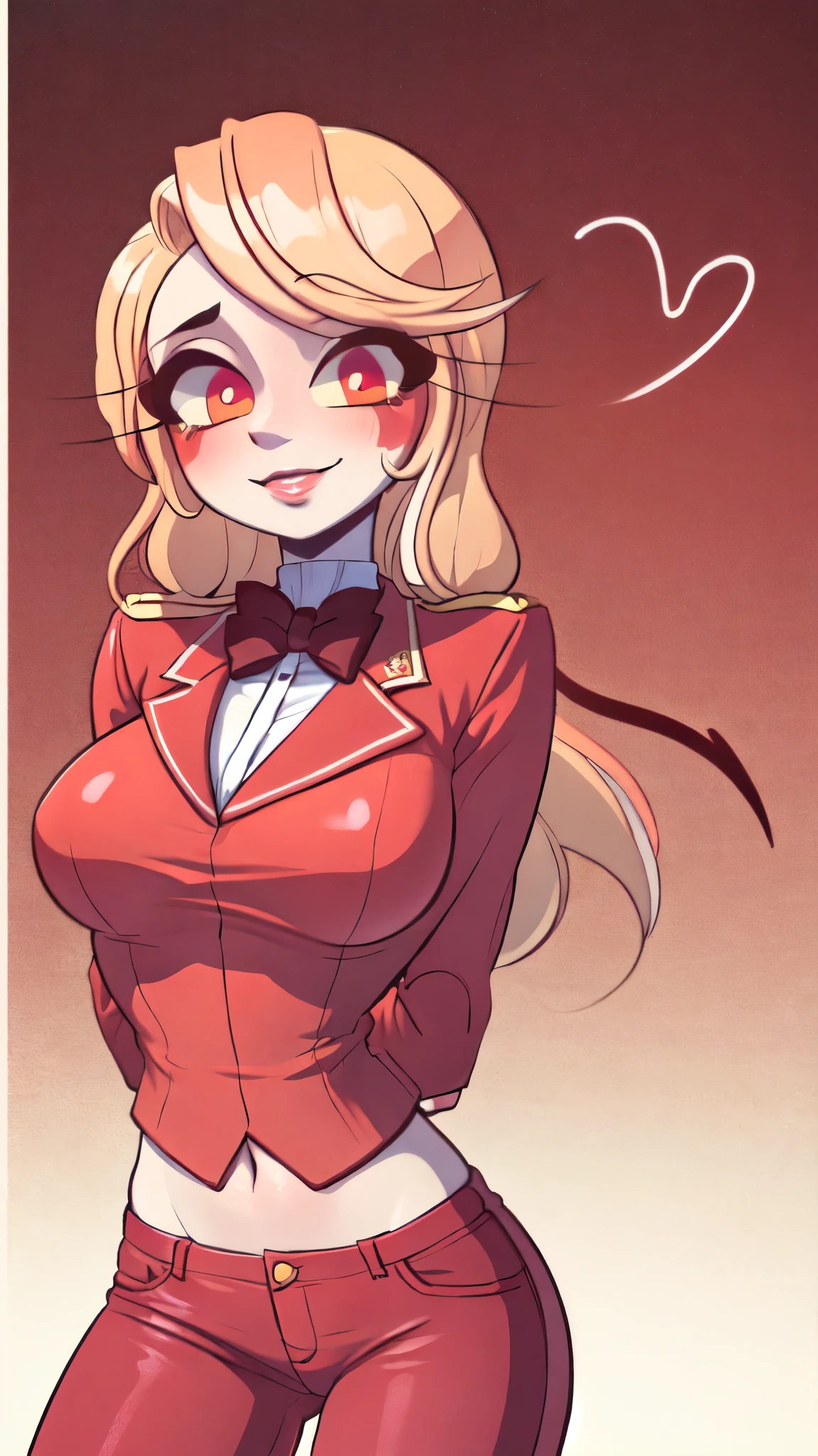 (masterpiece, best quality:1.2), solo, 1girl, charlie morningstar, colored skin, smile, looking at viewer, arms behind back, colored sclera, red jacket, bowtie, red pants