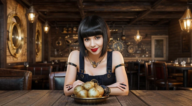 smiling at viewer, sphere hunter, 1 girl, lips, short black hair, blunt bangs, brown eyes, red lips, dress, gold jewelry, holster straps, realistic, picturesque, ((gentrified and potatoes)), (( steampunk restaurant), on a wooden table, artwork, 8k, 1.3 quality background, ultra realistic