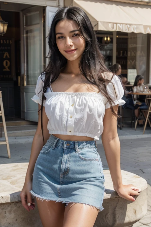 1 girl,(black hair semi-long)(beautiful hair), actress, smile, shiny skin, best quality, masterpiece, (photorealistic:1.4), terrace seating, Europe, France, Paris, denim mini skirt (realistic fabric), white short sleeves (cotton fabric), (no logo), thin fingers