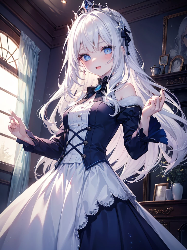 masutepiece, Highest Quality, (Perfect face:1.1), (high detailing:1.1), (ultradetailed eyes), Dramatic, superfine illustration, Extremely detailed, 1girl in,teenager, (pale skin), long white hair, Ethereal eyes, Blue eyes,blush,Solo,Smile, Happy, Laugh, Enjoy, Open mouth, Pouty lips,Cinematic lighting, Looking at Viewer,Cowboy Shot,Long sleeve,Blue Princess dress,indoor,night,living room,dynamic pose,snow,winter