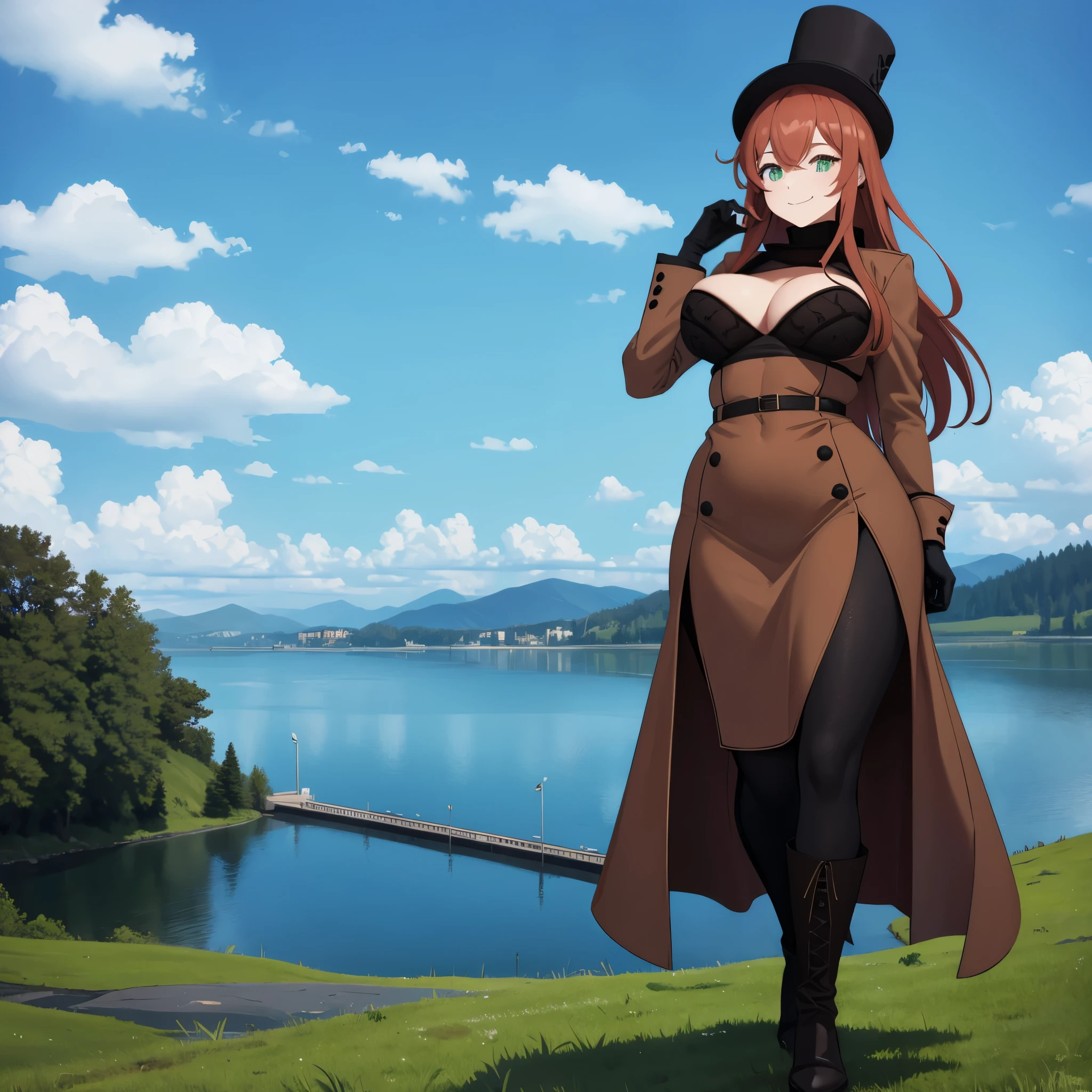 A woman wearing a long brown cold coat with black details, black tights, brown boots, long orange red hair, green eyes, wearing black gloves, black traditional Russian hat, big breasts, smiling, walking on high ground with yellow grass, a lake in the background with a modern bridge, blue sky with clouds, full body,Surrealism, drop shadow, atmospheric perspective, bloom, 8k, super detail, ccurate, best quality, UHD, anatomically correct, textured skin, high quality, highres, best quality ( solo woman)
