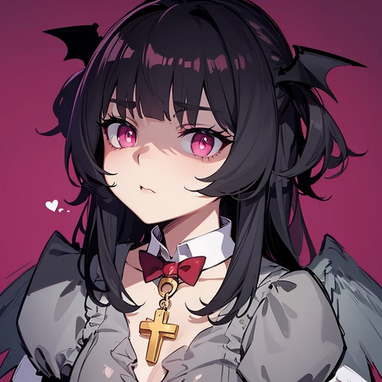 bat wings on sleeves, gray fur, gray bodysuit, ruffled white skirt, slim waist, large breasts, shaded face, pink eyes, cross pupils, bat wings on head, white collar, red bowtie on collar,, serious expression