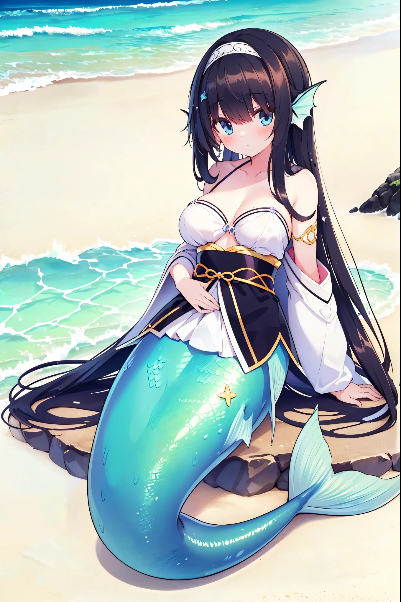 masterpiece, best quality,(Full fingers),A woman,Japanese clothing,Large Breasts,Mermaid,Black long hair,White hair ornaments,blue eyes,藍色的Mermaid尾巴,Head fin,full-body shot,beach,lying on a beach,charming脸(Kawaii, charming,Soft)
