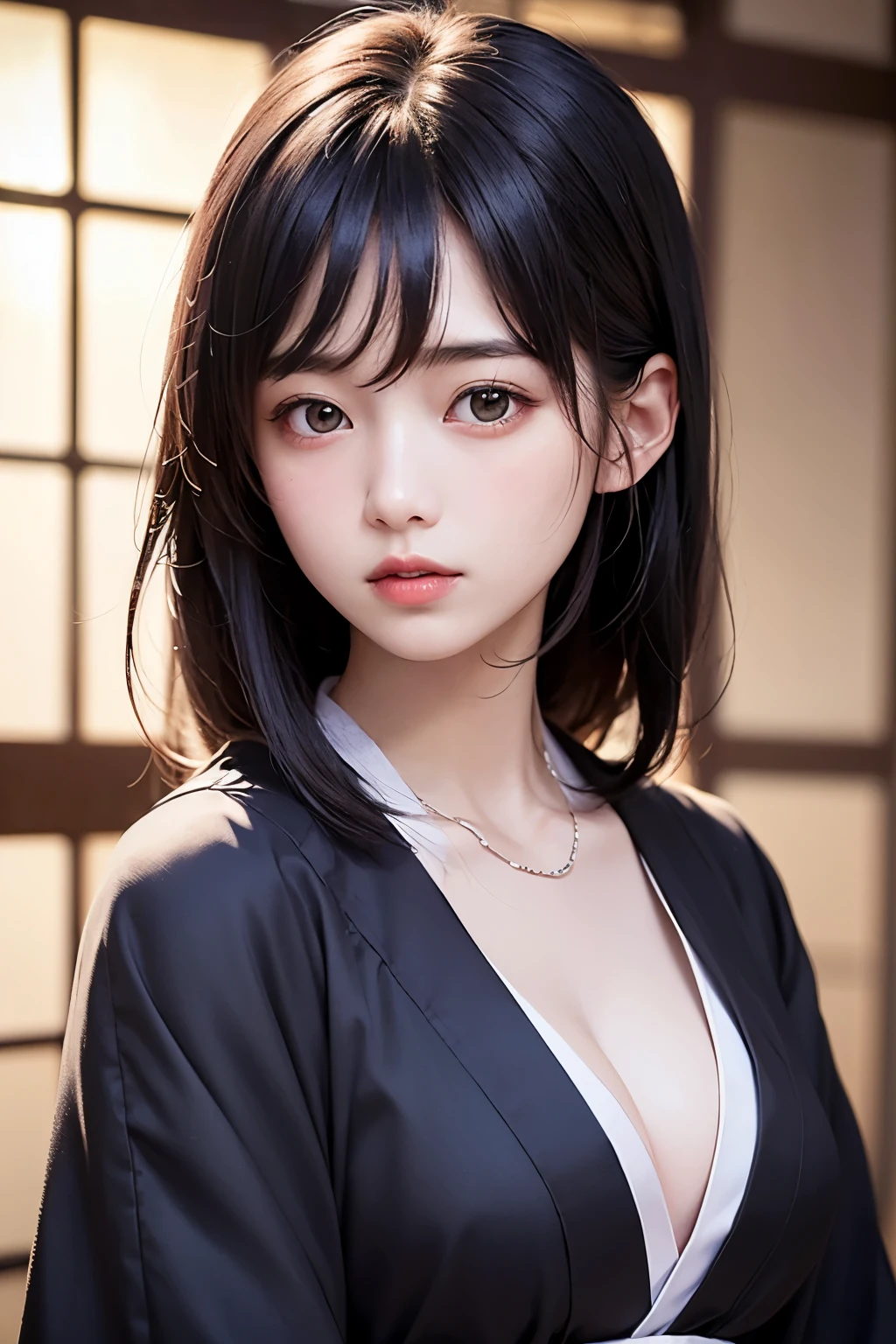 (1 nogizaka girl,raw photo,photo realistic:1.5),(best quality, high quality,HDR, highest quality,ultra high resolution,high resolution,high res,ultra high difinition,huge file size,8K,2K wallpaper,8K wallpaper,high quality texture,amazing,an extremely delicate:1.4),one girl, Japanese famous idol,beautiful face,small face,absurd,ridiculous,incredibly ridiculous,portrait,breasts close up,blurry background,(kimono,cleavage,no makeup:1.2),medium skin,beautiful skin,detailed skin,small head,black hair,silky hair,(Japanese eyes,almond eyes:1.5),detailed eyes,black eyes,Japanese idol eyes,Japanese nose,5-fingers,(eyebrow:-0.5),(Light Particles, Lens Flare, Luminous Particles: 0.7),looking at viewer,bright lighting,professional lighting,girl