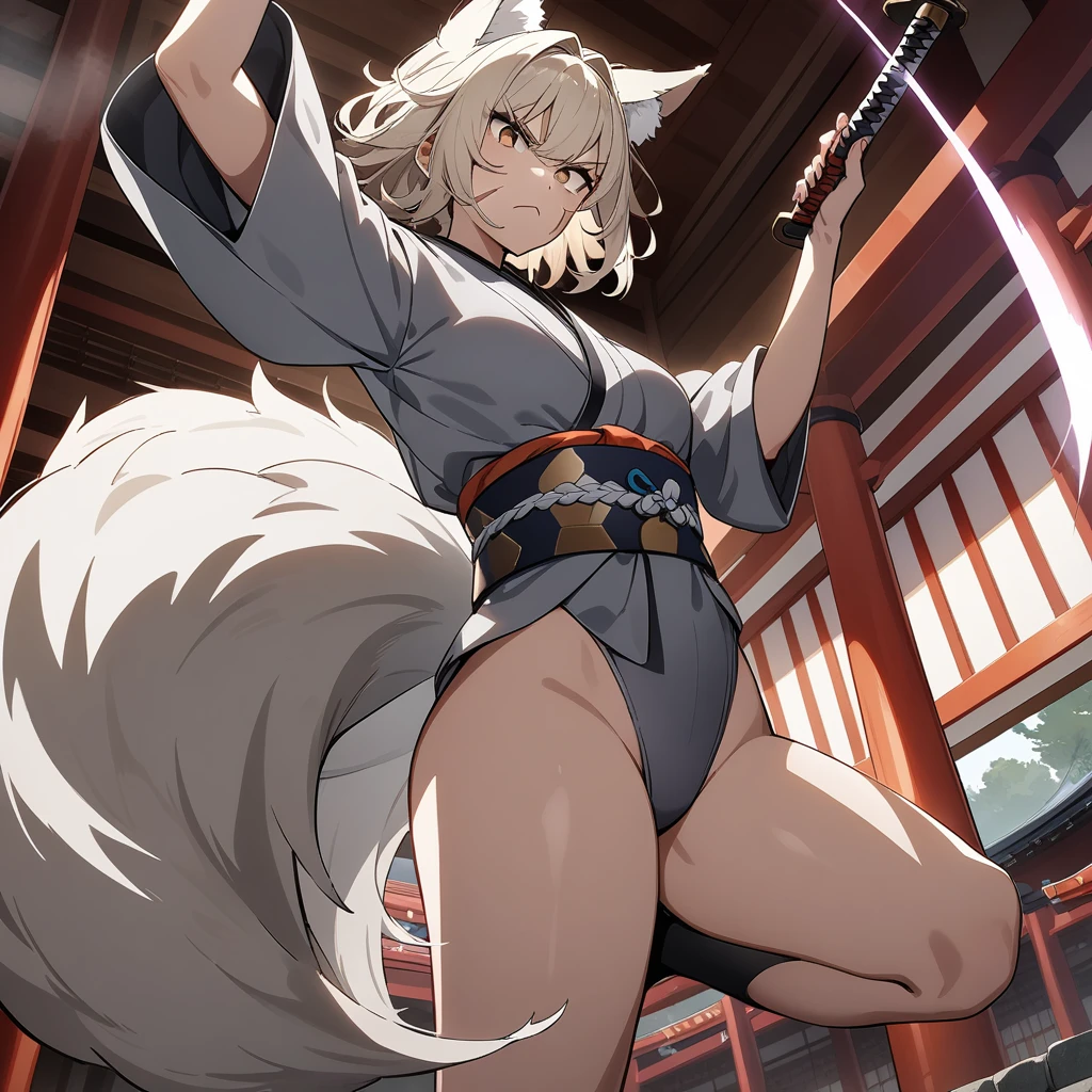 (masterpiece),(best quality),(ultra-detailed),(illustration,official art),1girl,20yo,curvy,platinum blonde fox ears,(a fox tail),(platinum blonde fox ears),short hair,platinum blonde hair,beautiful face,(messy hair),(disheveled hair),hair intakes,(fusion of gray kimono and highleg leotard),serious,glaring,frown,slashing katana,holding katana,jumping,slashing,(Afterimage noise of moving at high speed),(Precincts of japanese shrine,(beautiful detailed brown foxy eyes),(scar on cheek),from below