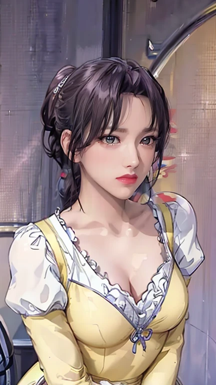 （（（Puff sleeves,Yellow dress,Short sleeve,（（（1 Girl，（Big Breasts，Cleavage close-up，Wide hips, Curvy beauty,）clavicle，cosmetic, purple hair,Brown eyes,Lips,Ponytail,short hair,Lipstick,ribbon,clavicle, ））），（（（Wide hips））），S-Shaped Body:1.7））），((masterpiece)),high resolution, ((Best quality at best))，masterpiece，quality，Best quality，（（（ Exquisite facial features，Looking at the audience,There is light in the eyes，blush，Shy））），（（（Light and shadow intertwine，huge ，Blurred Background））），（（（Looking at the camera，from above，look down，Lower abdomen elevated）））